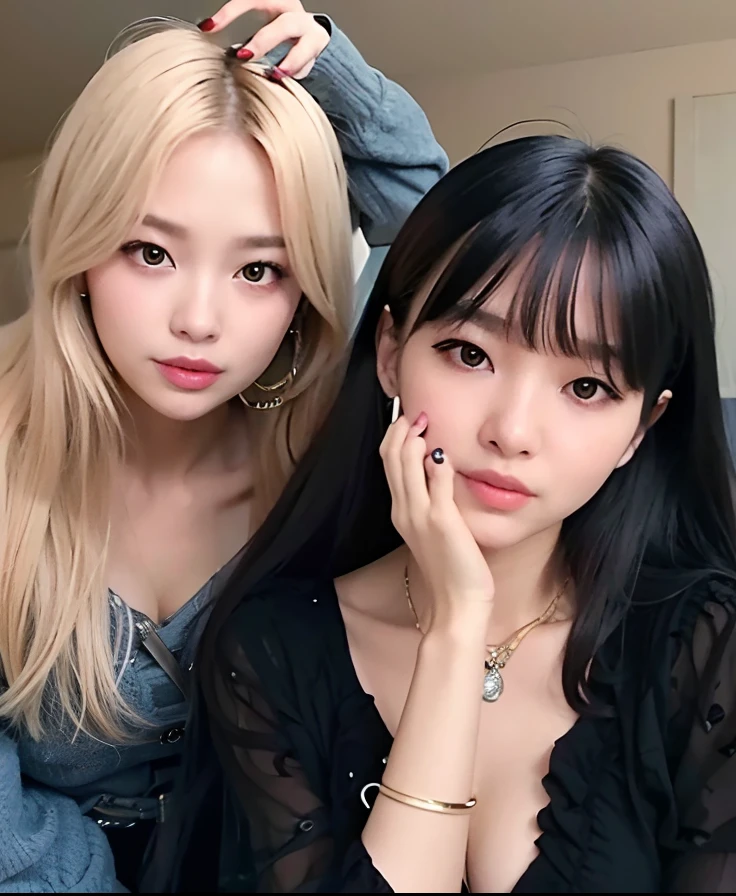 duas mulheres com cabelos longos e franja posando para uma foto, Ulzzang, Nixeu e Sakimichan, maquiagem sul-coreana popular, maquiagem coreana popular, com preto, com franja completa, Ela tem cabelo preto com franja, Sakimichan, Lalisa Manobal, foto de perfil, cabelo comprido com franja completa, com franja, cabelos longos com franja