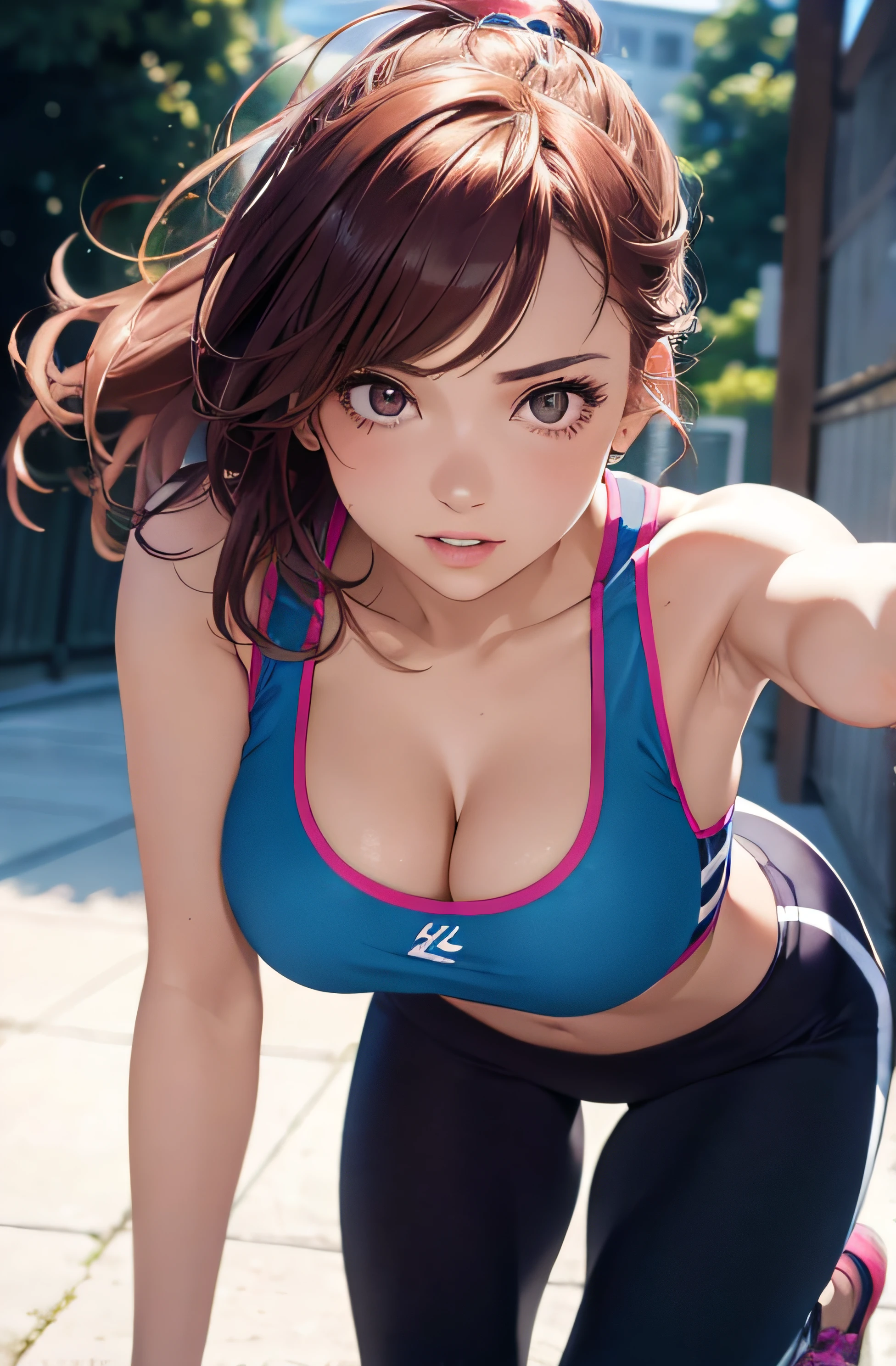 girl in summer clothes, sports bra, colorfull leggins, making as if she wants to kiss you, (girl bending down looking at camera), medium breasts, cleavage, random background, flirtatious look, ((very detailed)), (perfectly detailed face), (well detailed hand) photorealistic image.