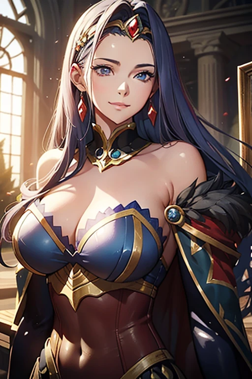 a close up of a woman in a blue dress with a feathered headpiece, detailed fantasy art, epic exquisite character art, 2. 5 d cgi anime fantasy artwork, stunning character art, 4k fantasy art, pale blue armor, highly detailed fantasy art, detailed fantasy digital art, clothed in ethereal armor, fantasy art style, beautiful armor, beautiful fantasy art, muscular athletic body, large smile