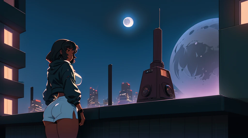 abstract background,night city sky, fog, the moon, modern anime, big booty ,thick  ,mech lingerie ,black woman ,NSFW, dark skin woman standing near window, laying down