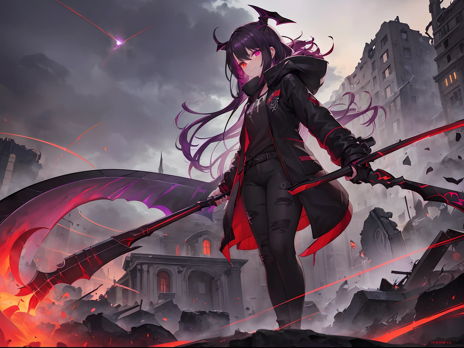 1girl, (purple (messy) hair:1.3), dark red hairpin, bloody red eyes, (heterochromia:1.2), glowing eyes, (unusual pupils), [scarred left eye], black (ripped) coat, black heels, hood on, black jeans, black (oversized) sweater, (scythe with glow:1.3), (smirk)
Standing on rock, (holding scythe in left hand:1.2), relaxed stance, looking at viewer
Lightnings behind, (ruins of city:1.2), red pulsating glowing substance everywhere, clouds, (small rain)
(dark light from above:1.3), looks like city on fire
Cracks on rock, disturbing atmosphere, doom approaches
Dark ambient, darker