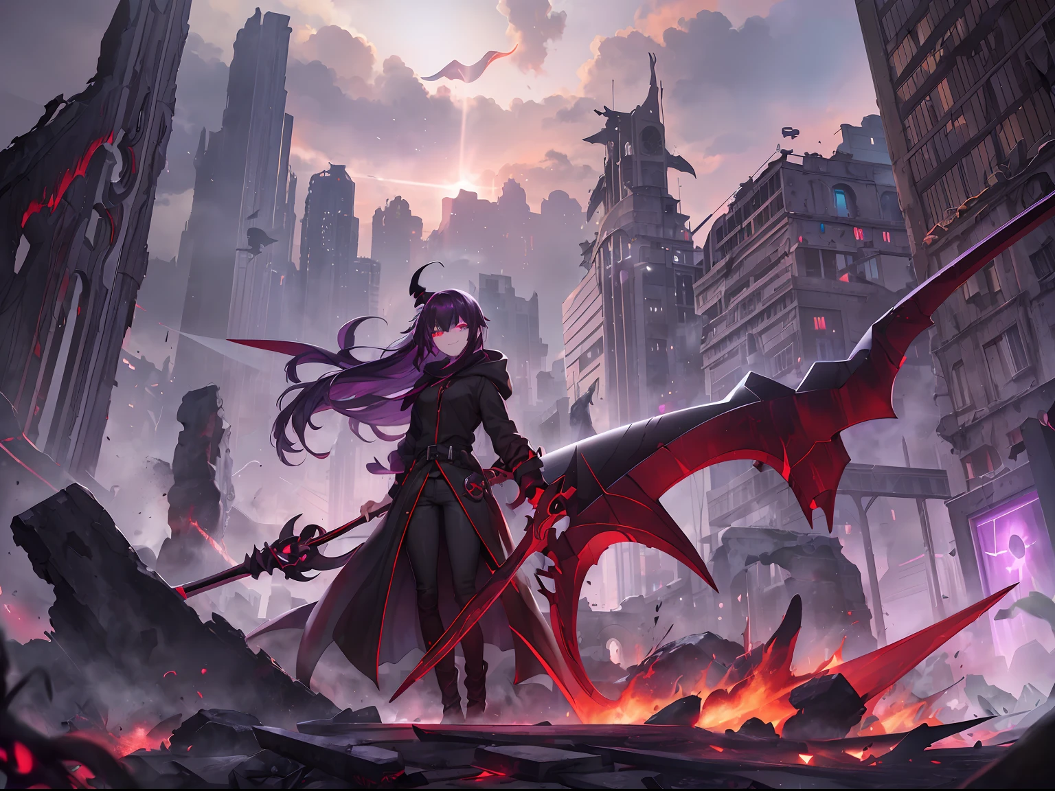1girl, (purple (messy) hair:1.3), dark red hairpin, bloody red eyes, (heterochromia:1.2), glowing eyes, (unusual pupils), [scarred left eye], black (ripped) coat, black heels, hood on, black jeans, black (oversized) sweater, (scythe with glow:1.3), (smirk)
Standing on rock, (holding scythe in left hand:1.2), relaxed stance, looking at viewer
Lightnings behind, (ruins of city:1.2), red pulsating glowing substance everywhere, clouds, (small rain)
(dark light from above:1.3), looks like city on fire
Cracks on rock, disturbing atmosphere, doom approaches
Dark ambient, darker
