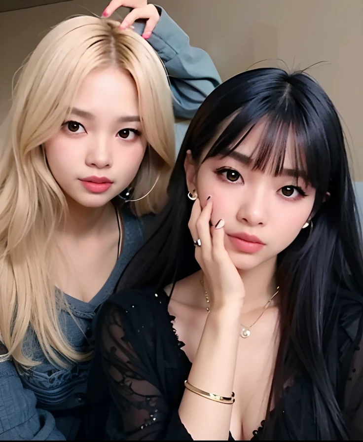 duas mulheres com cabelos longos e franja posando para uma foto, Ulzzang, Nixeu e Sakimichan, maquiagem sul-coreana popular, maquiagem coreana popular, com preto, com franja completa, Ela tem cabelo preto com franja, Sakimichan, Lalisa Manobal, foto de perfil, cabelo comprido com franja completa, com franja, cabelos longos com franja