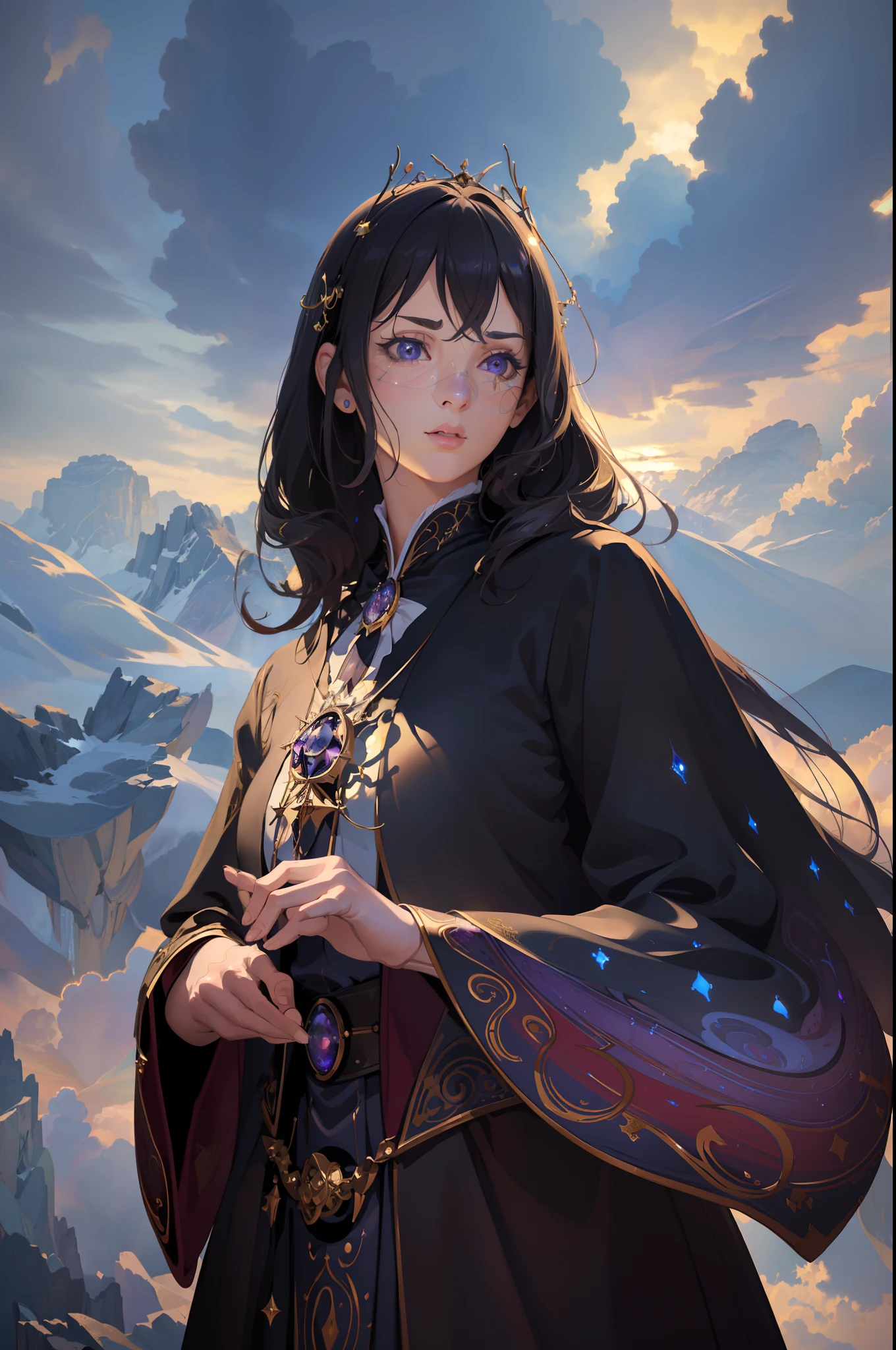 (masterpiece, finely detailed beautiful eyes: 1.2), ultra-detailed, illustration,
A mysterious and mystical wizard girl adorned in robes of deep purple, standing in a world of her own creation, surrounded by a swirling cloud of arcane magic.
,detailed background, (realistic:2), volumetric light, sunbeam, light rays, sky, cloud,