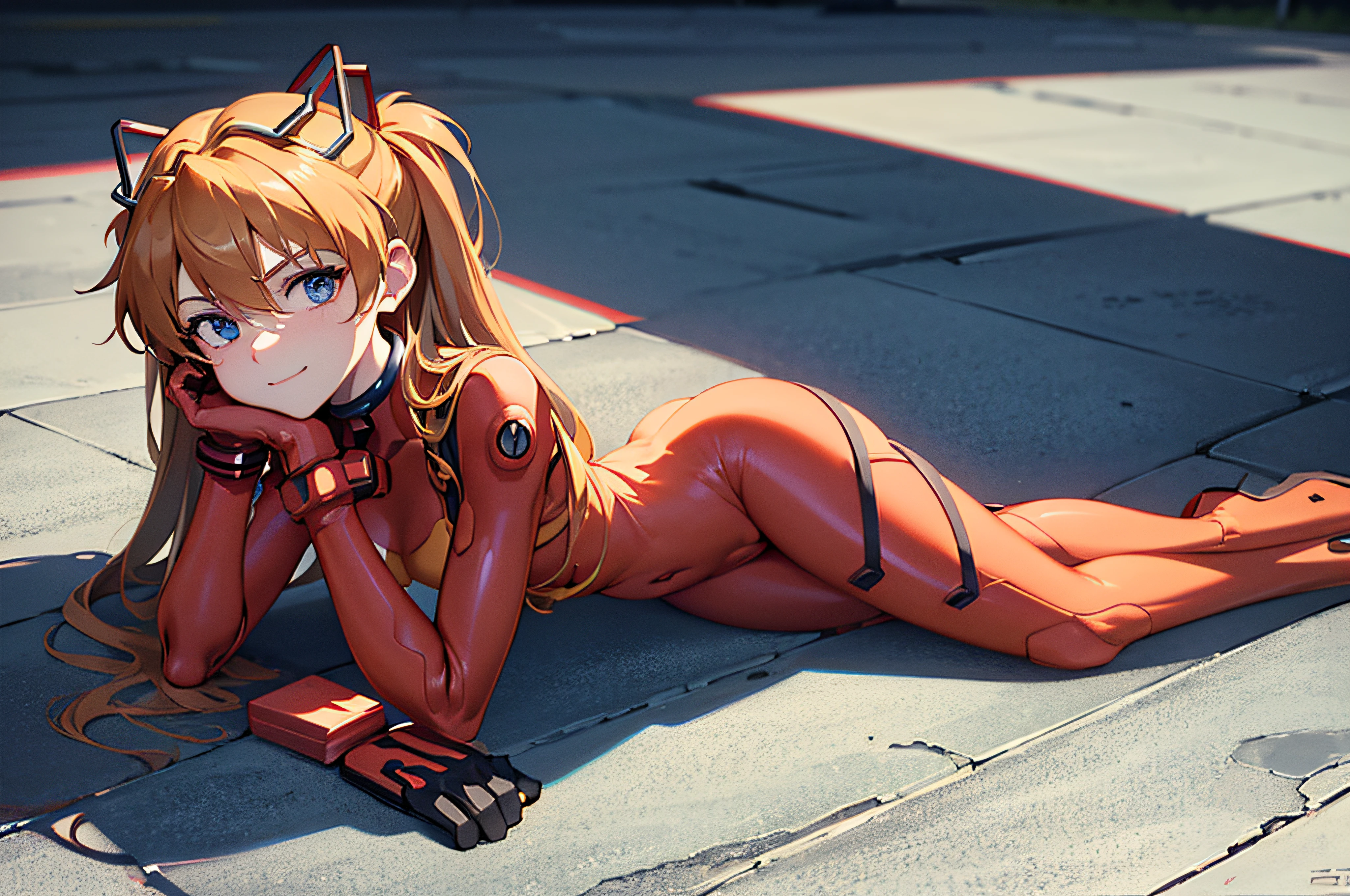 1 girl, solo, (masterpiece), best quality, expressive eyes, perfect face, souryuu asuka langley, interface headset, red bodysuit
test plugsuit, headgear, serious eyes, slight smile, on the floor, lying on stomach, feet up, ((perfect anatomy)), laboratory background, portrait, looking at the viewer, from front