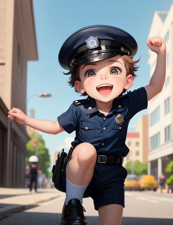 A cute cartoon boy with his mouth open wearing a police hat