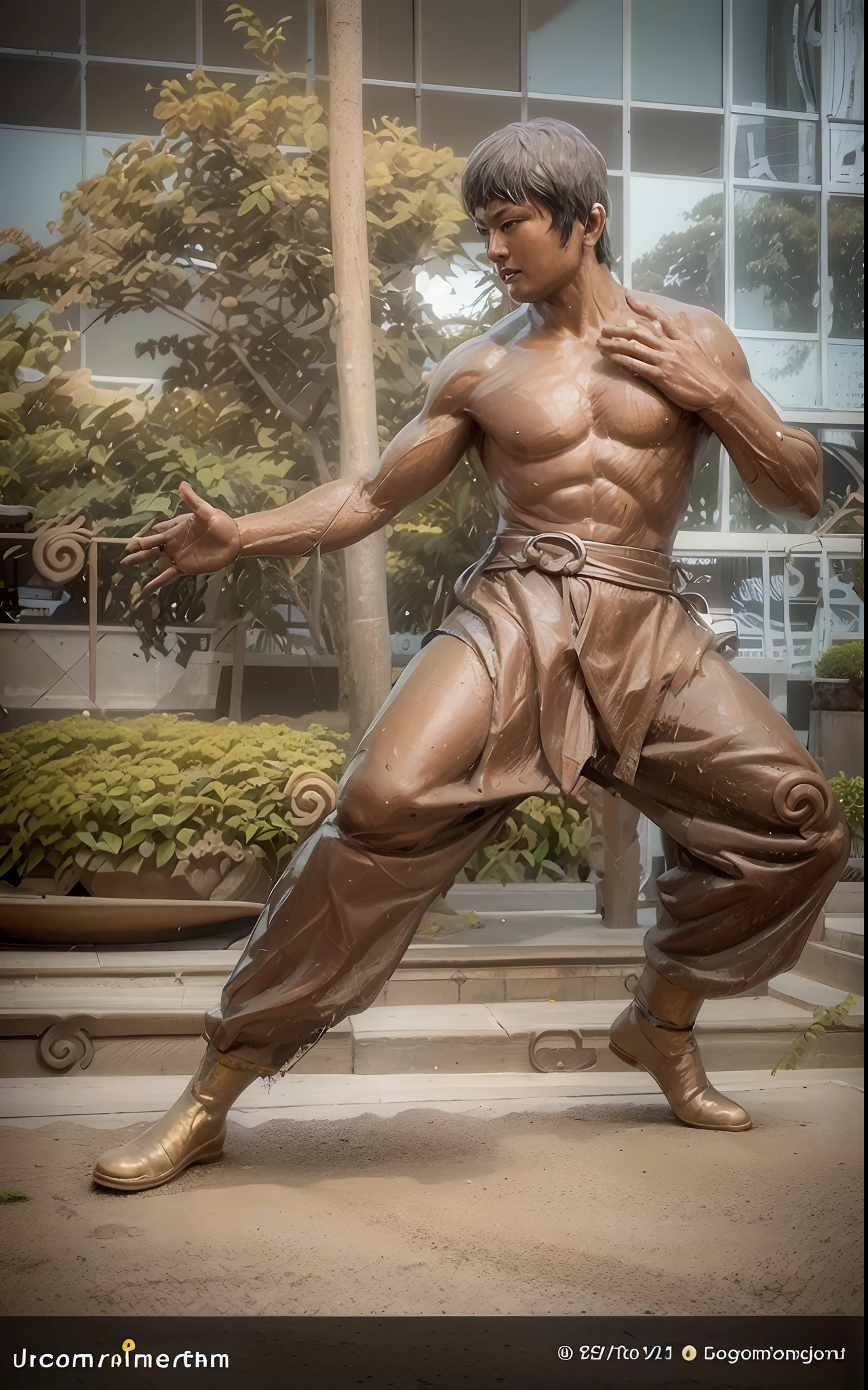 Statue of a man in a karate pose in front of a building, inspirado em Liao Chi-chun, inspirado em Shen Quan, inspirado em Ma Quan, bruce lee, bronze statue, statue, Retrato de Bruce Lee, 3d statue!!!, a statue, inspirado em Zhao Mengfu, inspirado em Sheng Mao, inspirado por Cheng Zhengkui