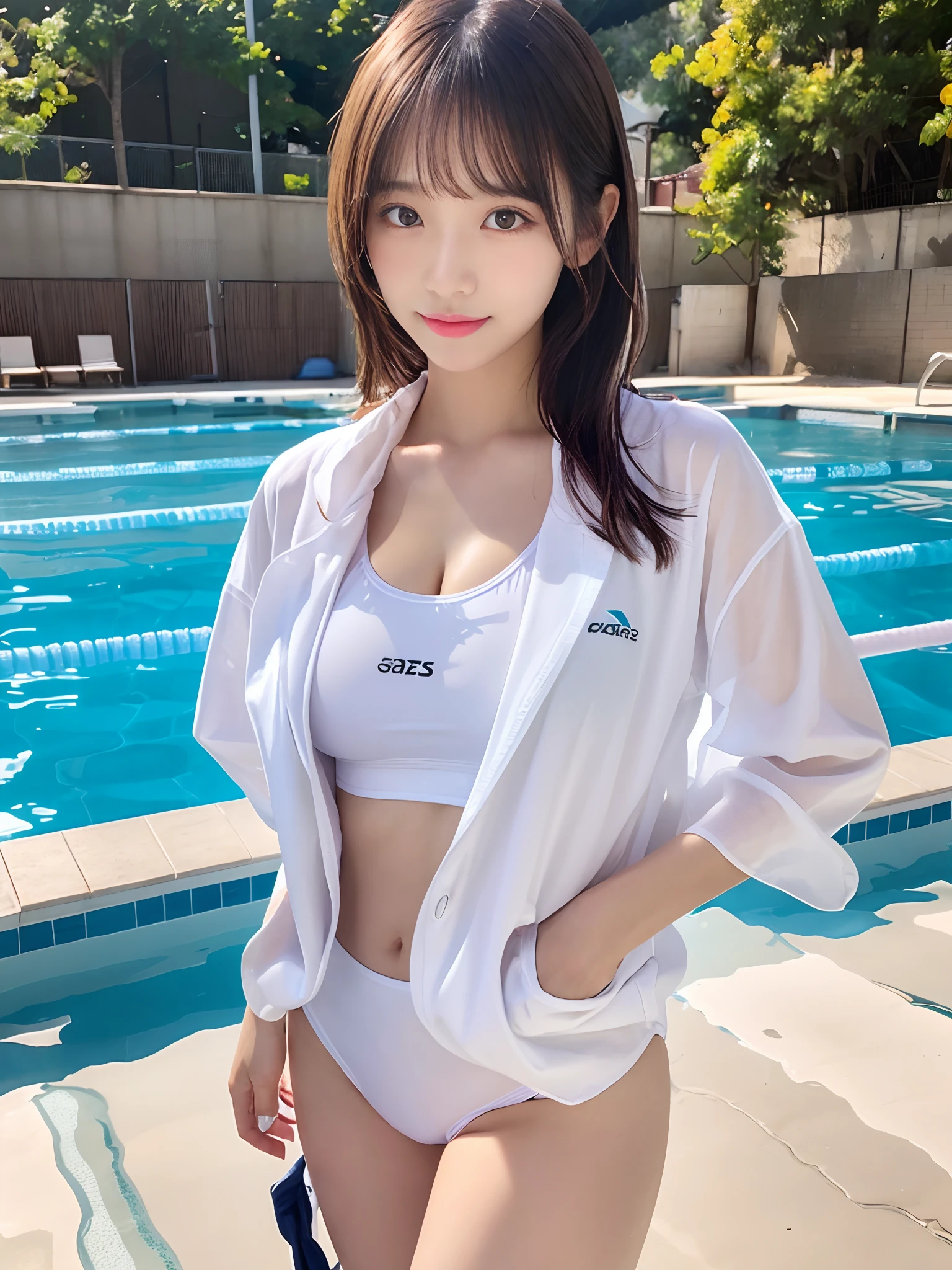 Wear a school swimsuit with a white line under a wet shirt、Colossal tits、25-year-old female gravure idol、Beautiful woman、Sensual look、sexy pose、school swimming pool