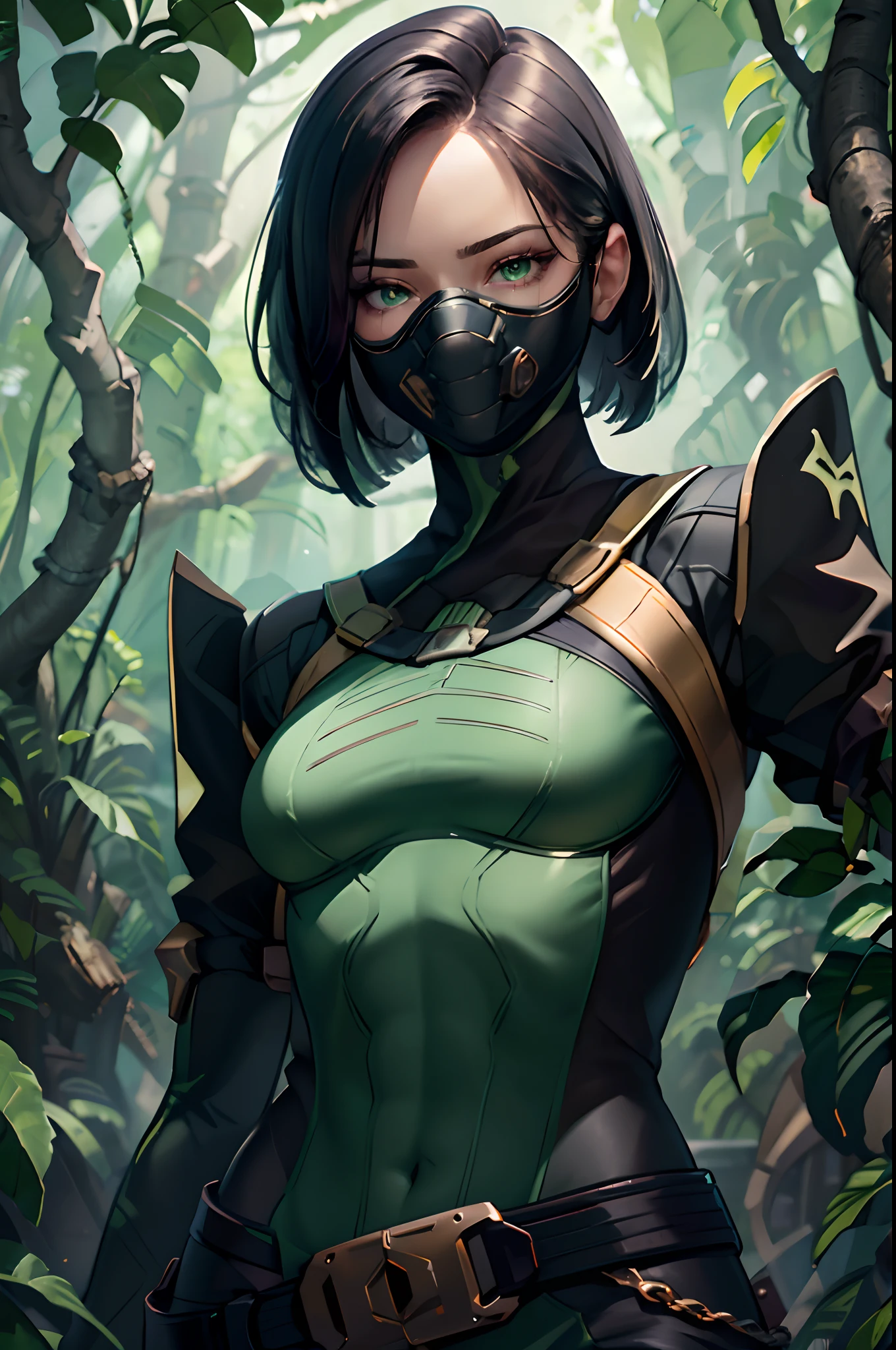 full body, Standing, Princess Zelda as Shinobi, costume all black with gold stripes, she has large breasts, (short black hair), ((wearing Oni mask on her face)), cut scar over right eye, (green eyes), a katana attached to her waist, blood all over her clothes, she is in an ancient ninja Temple full of swords stuck in the ground, Anime, masterpiece, 16k, award winning, best quality, high details, UHD, masterpiece, anatomically correct