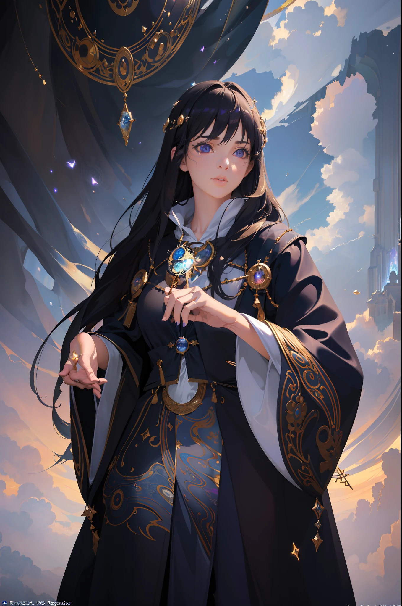(masterpiece, finely detailed beautiful eyes: 1.2), ultra-detailed, illustration,
A mysterious and mystical wizard girl adorned in robes of deep purple, standing in a world of her own creation, surrounded by a swirling cloud of arcane magic.
,detailed background, (realistic:2), volumetric light, sunbeam, light rays, sky, cloud,
