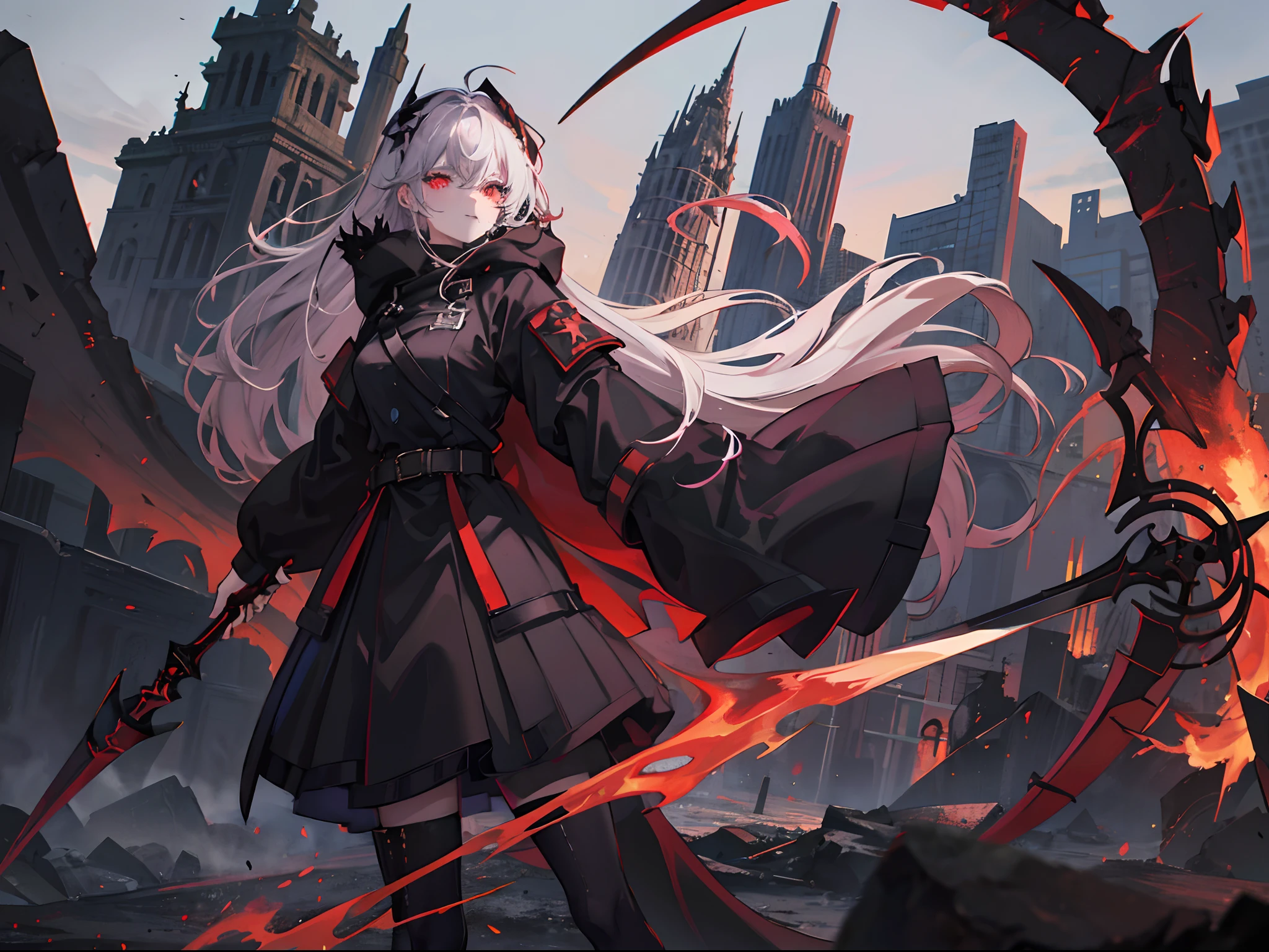 1girl, purple messy hair, dark red hairpin, bloody red eyes, [heterochromia], glowing eyes, unusual pupils, [scarred left eye], black ripped coat, black heels, hood on, black jeans, black oversized sweater, (scythe with glow:1.3), smirk
Standing on rock, holding scythe in left hand, relaxed stance, looking at viewer
Lightnings behind, ruins of city, red pulsating glowing substance everywhere, half-red sky, clouds
dark light from above, looks like city on fire
Cracks on rock, disturbing atmosphere, doom approaches