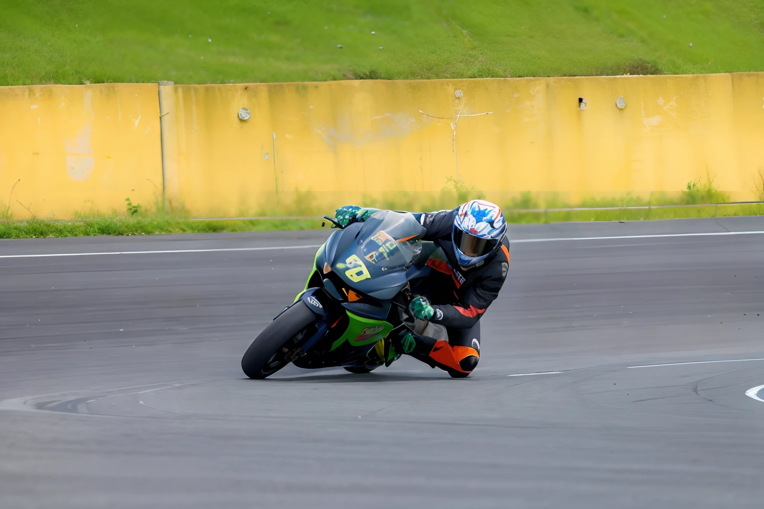 There's a man riding a motorcycle on a track with a helmet on, na pista de corrida, panning shot, em uma pista de corrida, Wheelie, em uma pista de corrida de rua, Fotografia de automobilismo, Kawasaki, Corrida, race, Central straight composition, in a race competition, wide angle dynamic action shot, drifting around a corner, estilo Pixar