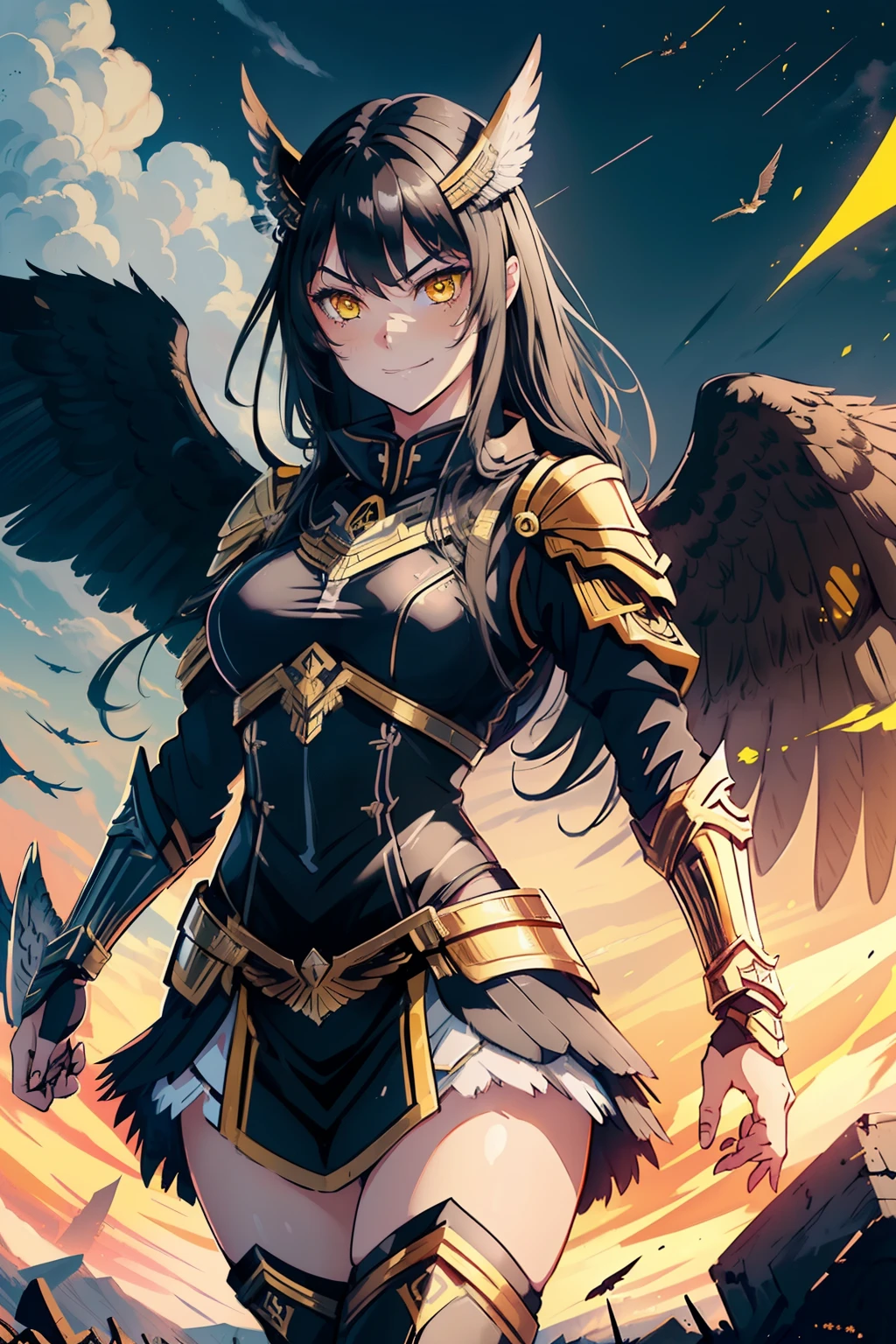 (1 girl), (best quality, high-res, ultra-detailed, anime style), ((Valkyrie girl with black wings, long black hair, yellow eyes, smug eyes, slightly smiling, looking at viewer)), (skies behind), (valkyrie armor, Valkyrie outfit), beautiful skies, anime landscape, portrait