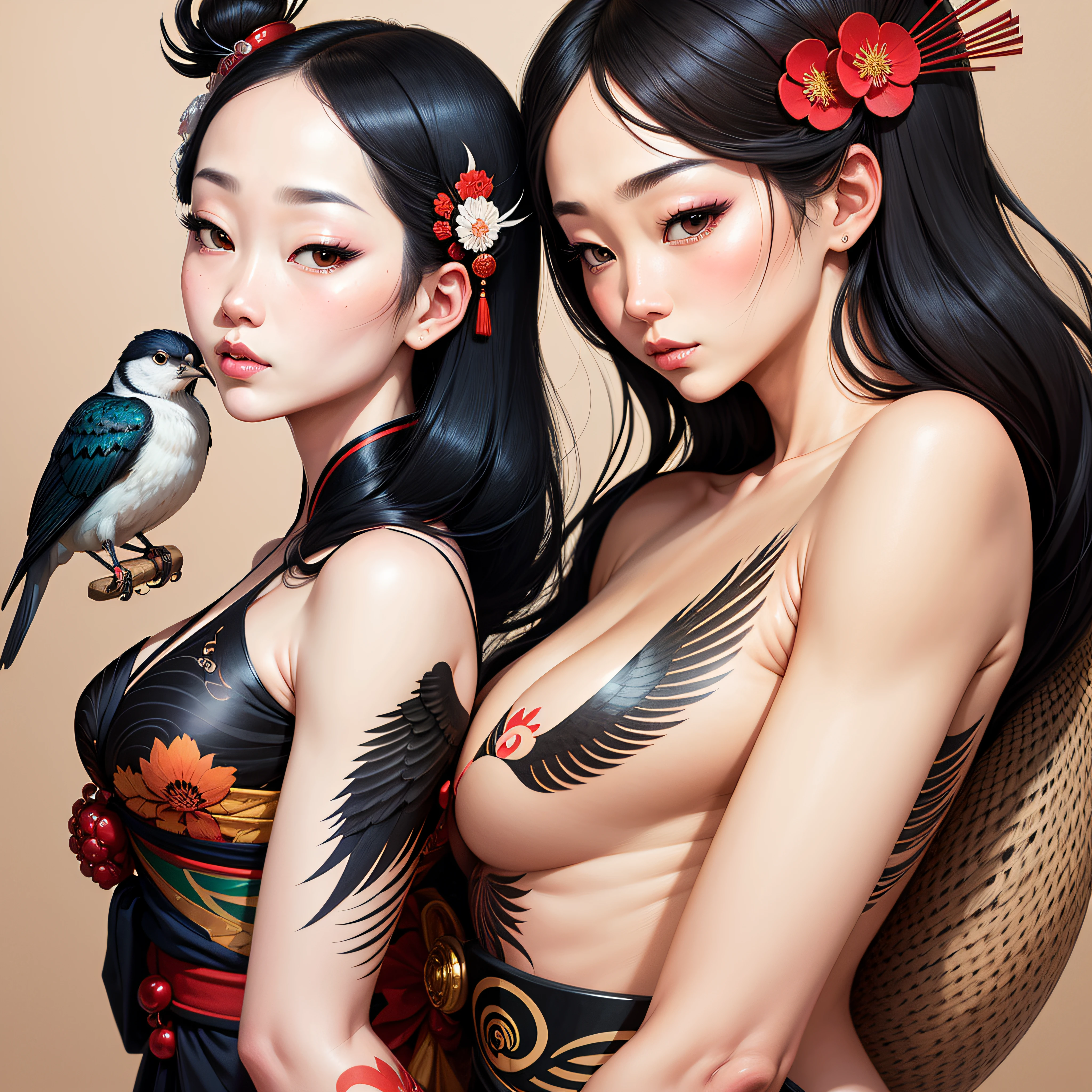 a drawing of a woman with a bird on her, inspired by Kitagawa Utamaro, inspired by Kanō Takanobu, inspired by Audrey Kawasaki, inspired by Kanō Motonobu, geisha, inspired by Takato Yamamoto, inspired by Kelly McKernan, inspired by Harumi Hironaka, art By Ray Shark