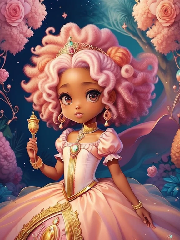 Linda Princesa afro, princesa da Lua, castelo , Chibi, real, arte, 
yang08k, fotografia, bonito, colorido, realista, corpo inteiro na imagem,
obras-primas, qualidade superior, melhor qualidade, arte oficial, beautiful and aesthetic,