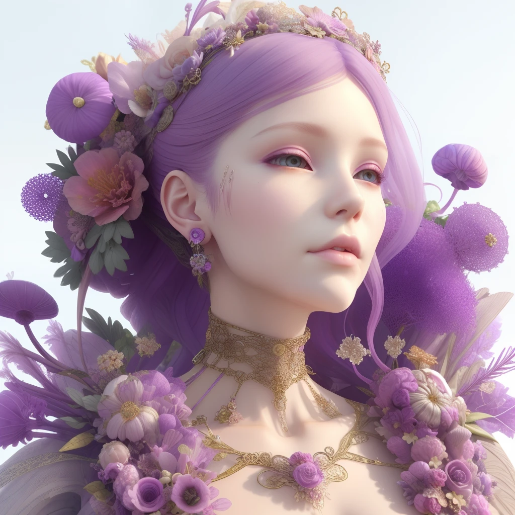 Purple and violet 3 d render, hyper detailed, fascinating biomechanical female cyborg with a porcelain translucent profile face, analog, big violet and pink autumn leaves foliage and stems, made of purple and pink fungi, morning glory flowers, hibiscus flowers, boho floral vines, hexagonal mesh fine wire, sinuous fine roots, fine filigree foliage lace, luxurious, elegant, alexander mcqueen high fashion haute couture, earring, art nouveau fashion embroidered, steampunk, intricate details, mandelbrot fractal, white background, anatomical, facial muscles, translucent microchip, octane render, h. r. giger style, volumetric lighting, 8 k post - production highly detailed art