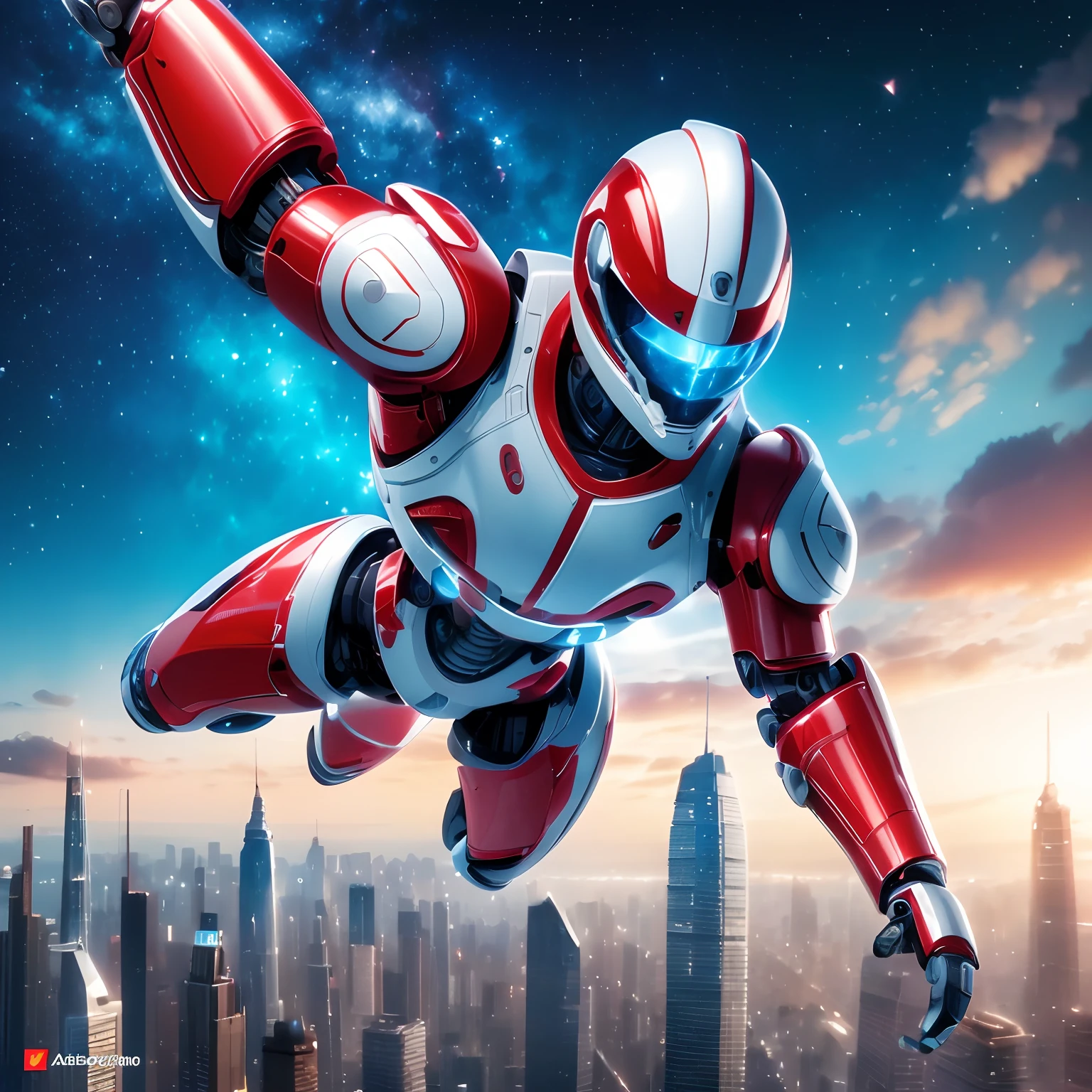 (((hd close up))) Hay un robot volando sobre una ciudad con un fondo de cielo, Retrato de un robot futurista, beautiful robot character design, promo art, Robot futurista, Arte CG, cyber suit, 3D render character art 8 k, science fiction suit, Robot Cybertronic, High-tech red armor, Futuristic machines and robots, Astronauta futurista, mech robot futuristic, Arte clave Silent Dragon, a cyborg dressed in a reflective technological armor. The armor is colored in red and white, creating a striking visual contrast. The details of the armor are extremely detailed and show a combination of sleek lines and intricate patterns. Small horns on the head. Visores de color verde.