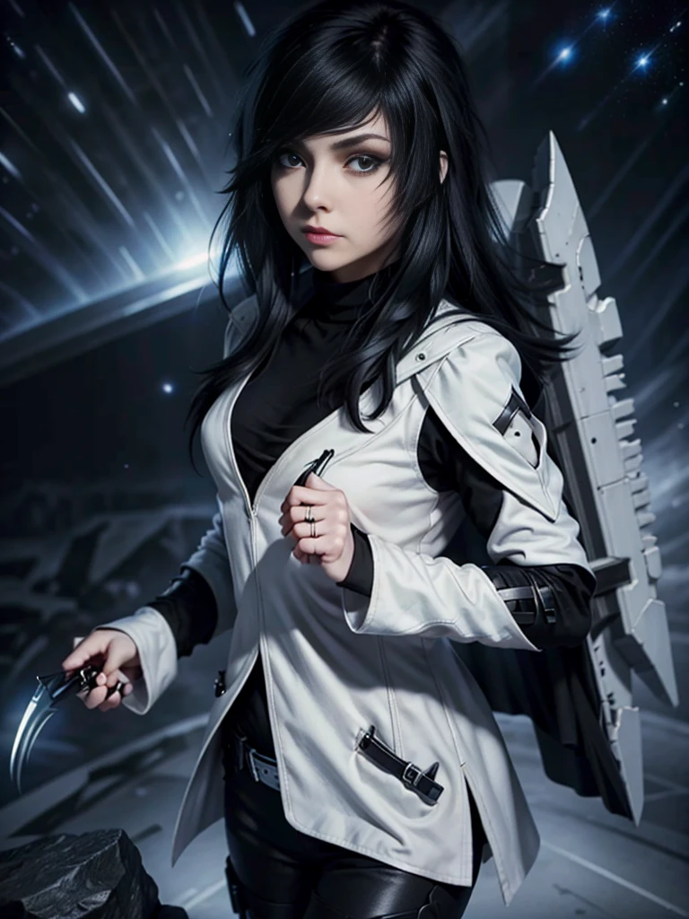 emo_hairstyle, (((Jessica_Faulkner))), tronwear, claws, pale skin, tight black cloak, pale blue eyes, long hair, straight hair, (((black hair))), white skin, pale, white, space ship, daggers, moon, leather turtleneck, Milky Way Galaxy, weapon, claws, (best quality, 8k, masterpiece:1.2, ultra-detailed, realistic, photorealistic)