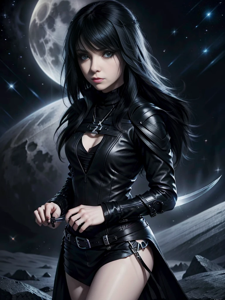 emo_hairstyle, (((Jessica_Faulkner))), tronwear, claws, pale skin, tight black cloak, pale blue eyes, long hair, straight hair, (((black hair))), white skin, pale, white, space ship, daggers, moon, leather turtleneck, Milky Way Galaxy, weapon, claws, (best quality, 8k, masterpiece:1.2, ultra-detailed, realistic, photorealistic)