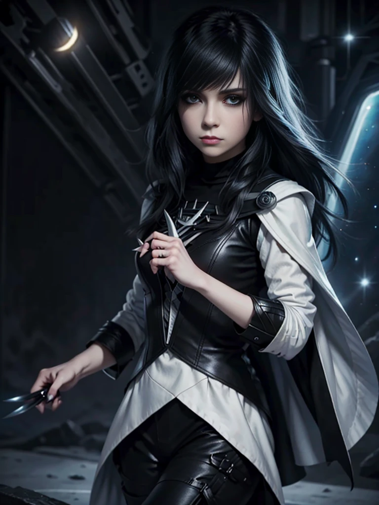 emo_hairstyle, (((Jessica_Faulkner))), tronwear, claws, pale skin, tight black cloak, pale blue eyes, long hair, straight hair, (((black hair))), white skin, pale, white, space ship, daggers, moon, leather turtleneck, Milky Way Galaxy, weapon, claws, (best quality, 8k, masterpiece:1.2, ultra-detailed, realistic, photorealistic)