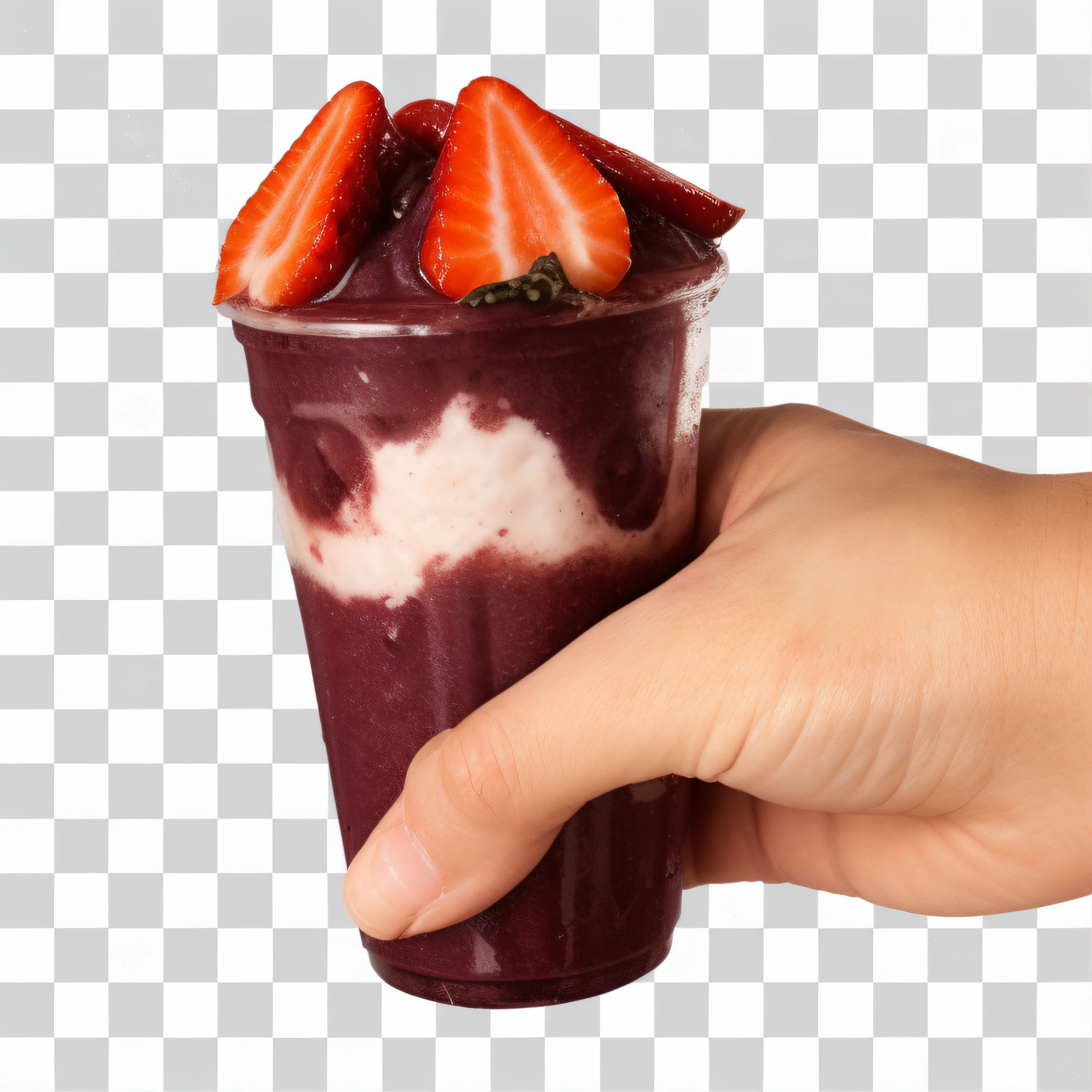 Someone holding a cup of fruit and yogurt with a strawberry on top, suco de baga pingando, em fundo claro, 2806927615, gotejamento de suco de baga, 2995599206, 2717433015, plano de fundo removido, suco de baga, high quality topical render