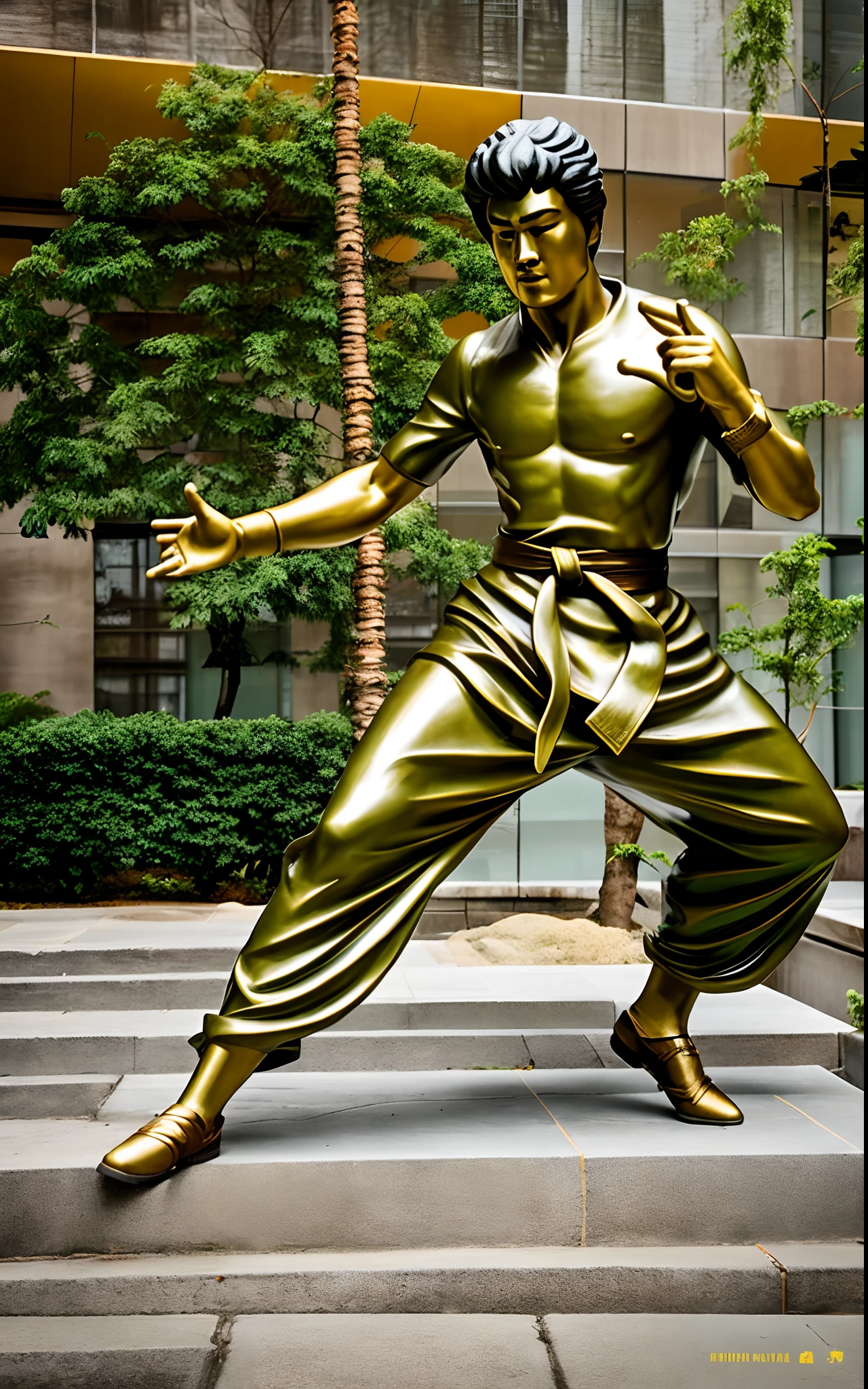 Statue of a man in a karate pose in front of a building, inspirado em Liao Chi-chun, inspirado em Shen Quan, inspirado em Ma Quan, bruce lee, bronze statue, statue, Retrato de Bruce Lee, 3d statue!!!, a statue, inspirado em Zhao Mengfu, inspirado em Sheng Mao, inspirado por Cheng Zhengkui