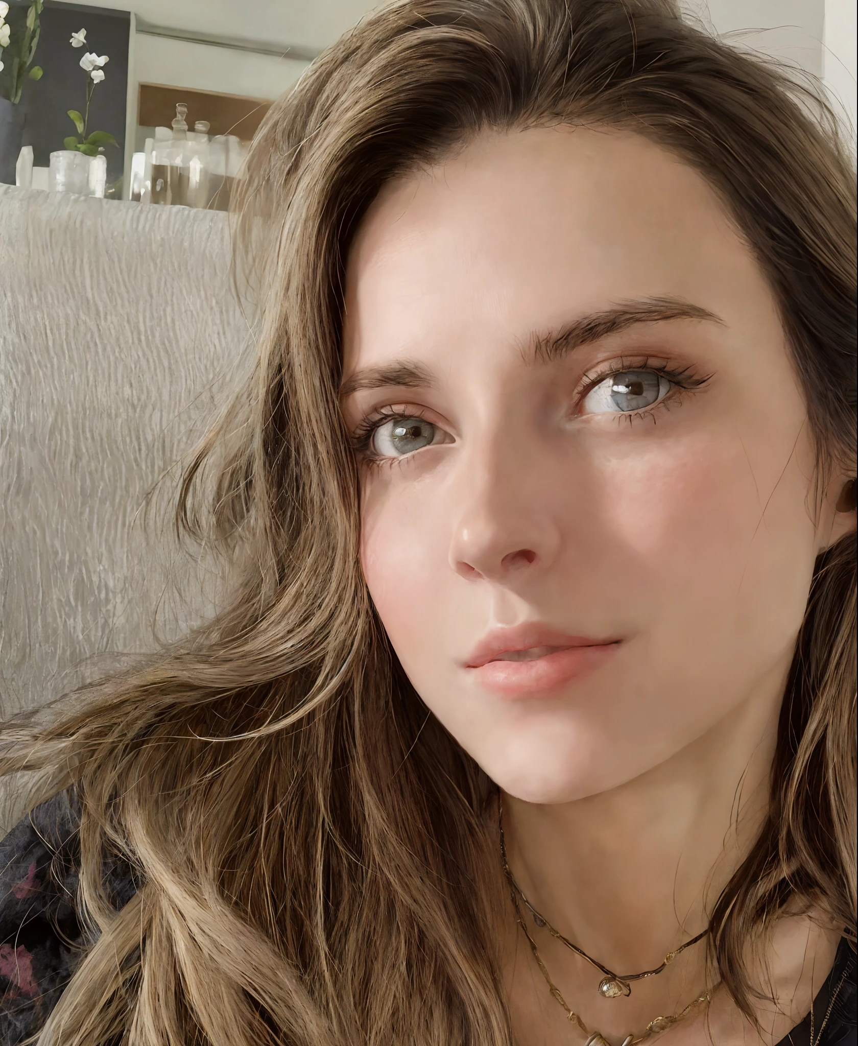 there is a woman with long hair and a necklace on, 3 0 anos de idade mulher, Mulher de 30 anos, woman's face looking off camera, 3 6 anos, 3 2 anos, rosto suado, selfie de uma jovem mulher, 38 anos, full - rosto close - retrato para cima, Mulher francesa de 30 anos