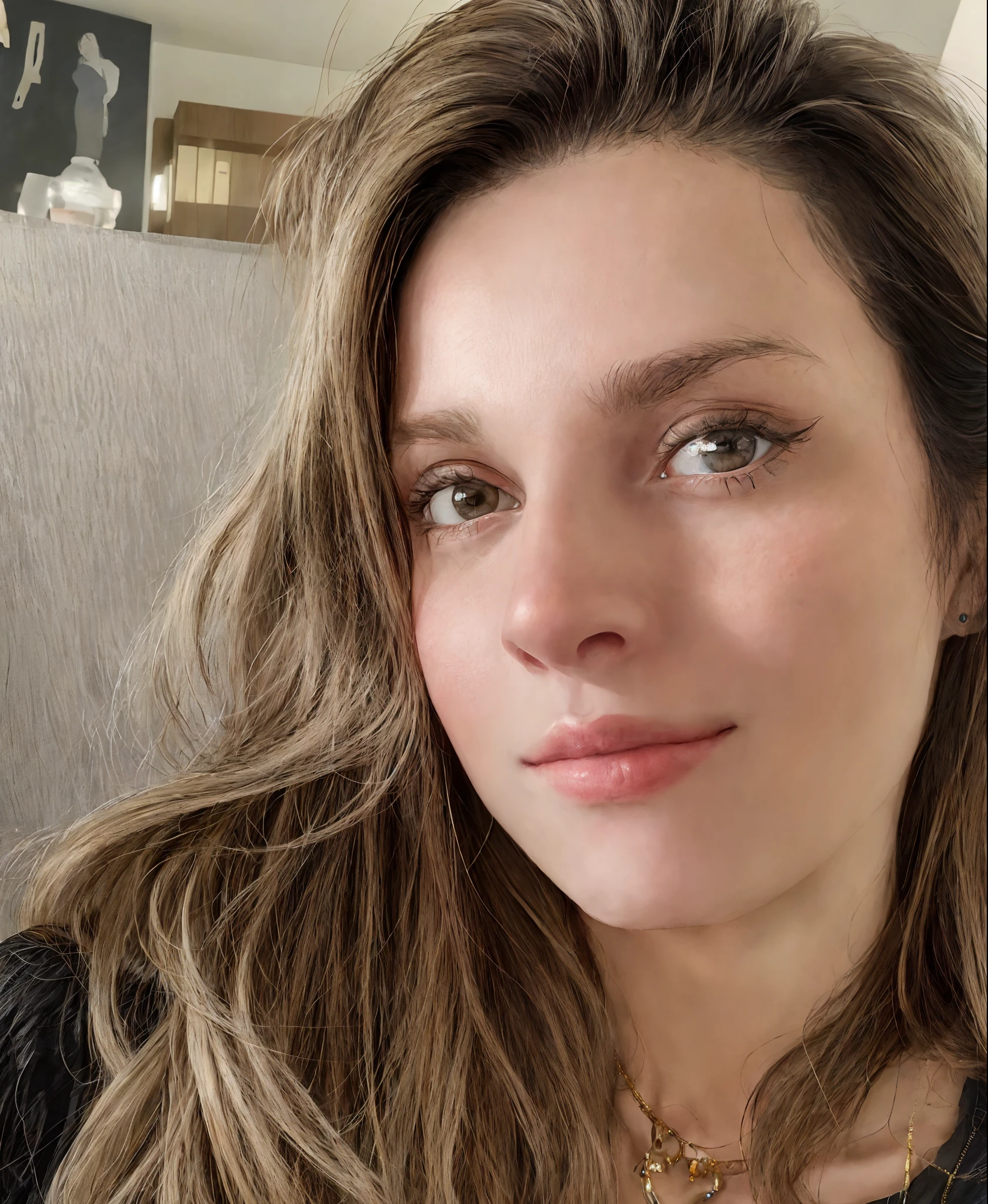 there is a woman with long hair and a necklace on, 3 0 anos de idade mulher, Mulher de 30 anos, woman's face looking off camera, 3 6 anos, 3 2 anos, rosto suado, selfie de uma jovem mulher, 38 anos, full - rosto close - retrato para cima, Mulher francesa de 30 anos