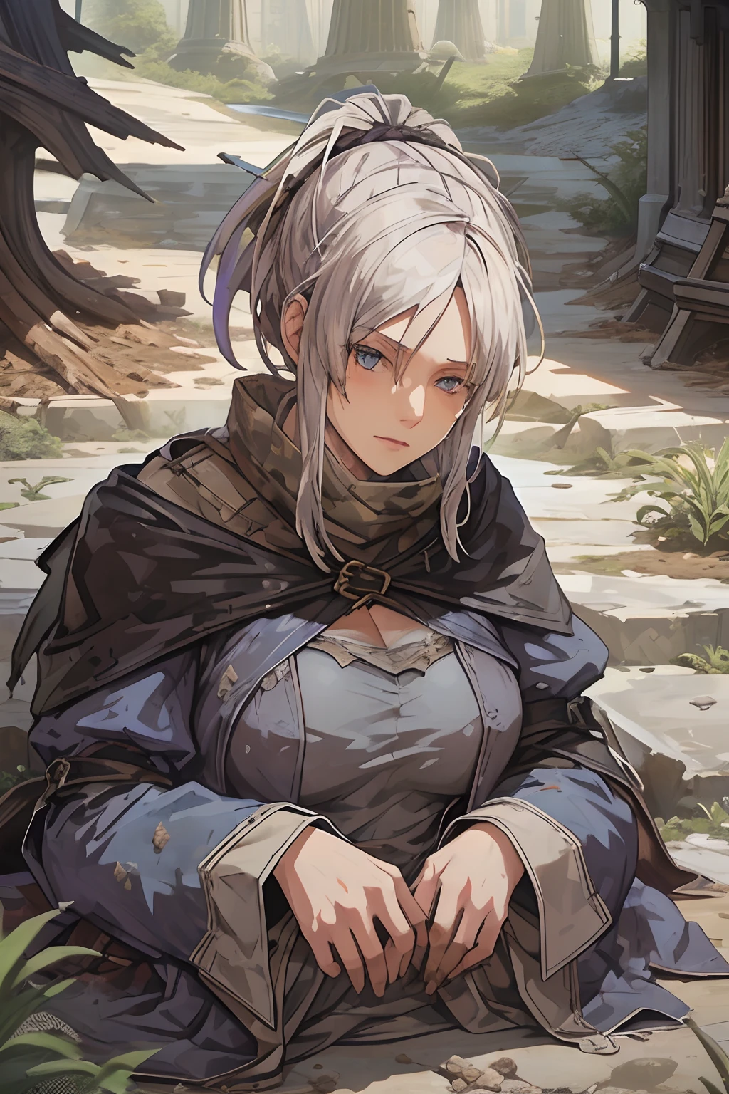 (homeless woman), Medieval beggar, alone, Single women, Dirty blue clothes, muddy clothes, stained clothes, filthy clothes, disgusting clothes, temptress clothes, (dirty blue dress), medieval beauty, (white hair), female features, blue eyes, poor, feudal, Forest, dirty, light and dark, Anime art style.