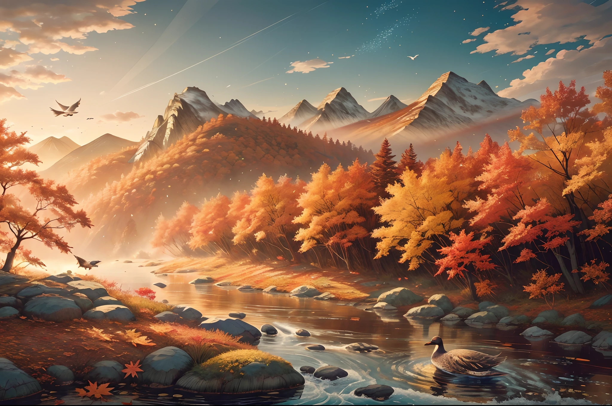 fall season,Maple leaves,maple trees,eventide,riverbank,The sky is full of color,Orange-red sunset,The afterglow diverges,Big Mountain,Far Mountain,contours,Scenic beauty, (Warm light source:1.2), (Maple leaves fall:1.2)(非常详细的 CG 统一 8k 壁纸),(The best quality),(illustratio:1.0)、intricately details, Epic composition、Realistic lighting、high definition detail、tmasterpiece、The best quality,Beautiful wild and natural fantasy landscape,With glowing lights,((A lonely one(Wild goose)fly in sky)),(There is no one in the picture)。