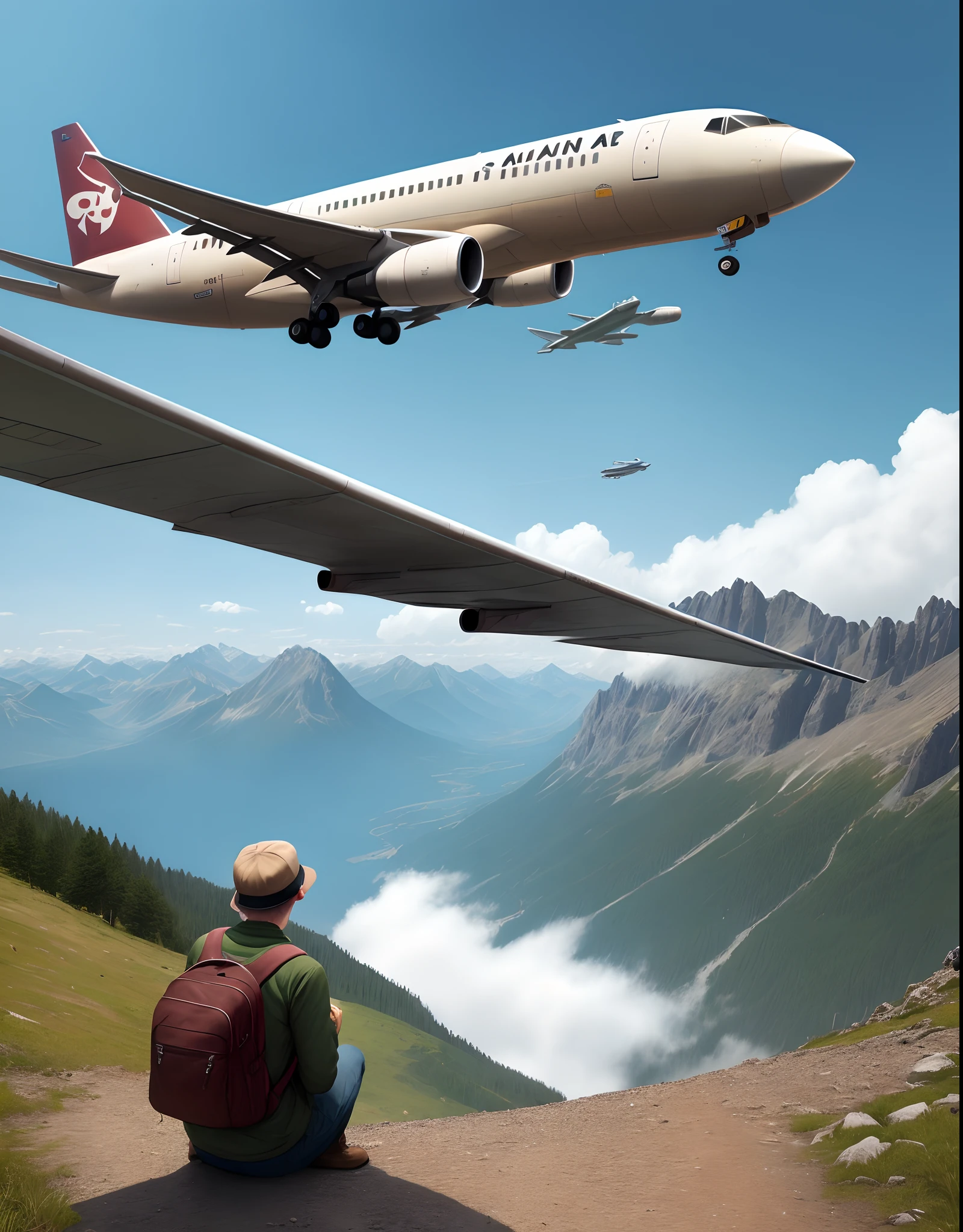 A man on a mountain while planes pass over him