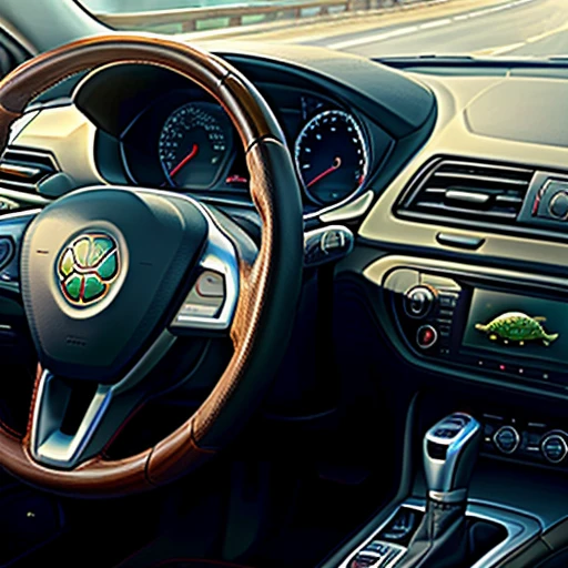 A car with a turtle behind the wheel