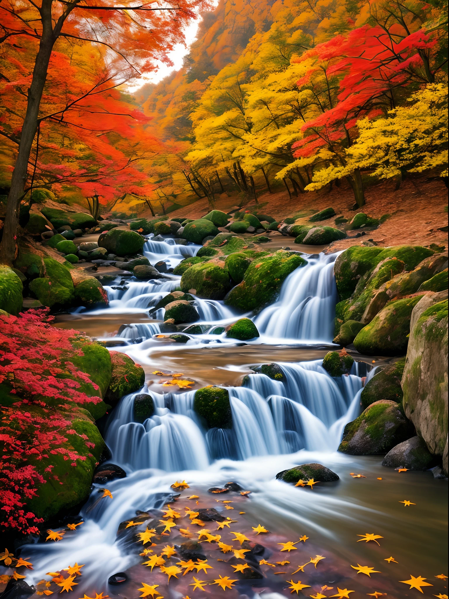 tmasterpiece，Best quality at best，high high quality，the Extremely Detailed CG Unity 8K Wallpapers，The colors of autumn are picturesque，Ultimate texture，Beautiful skies and clouds，Enrich the nature of autumn。Golden leaves，Dance in the autumn breeze；Lakes and rivers，Calm as a mirror，Reflecting the beauty of autumn；Waterfalls flying，Water flows like silk，It shows the vitality and vitality of autumn。Aoyama is still beautiful，Autumn leaves dot the ground，Form a picture of autumn。digital illustrations，复杂，Uptrend，pastel colour，oil painted，award winning photography，Bokeh，depth of fields，hdr，blooms，color difference，真实感，The is very detailed，trends in art station，CGSociety trends，复杂，high detal，dramatics，Midjourney Art