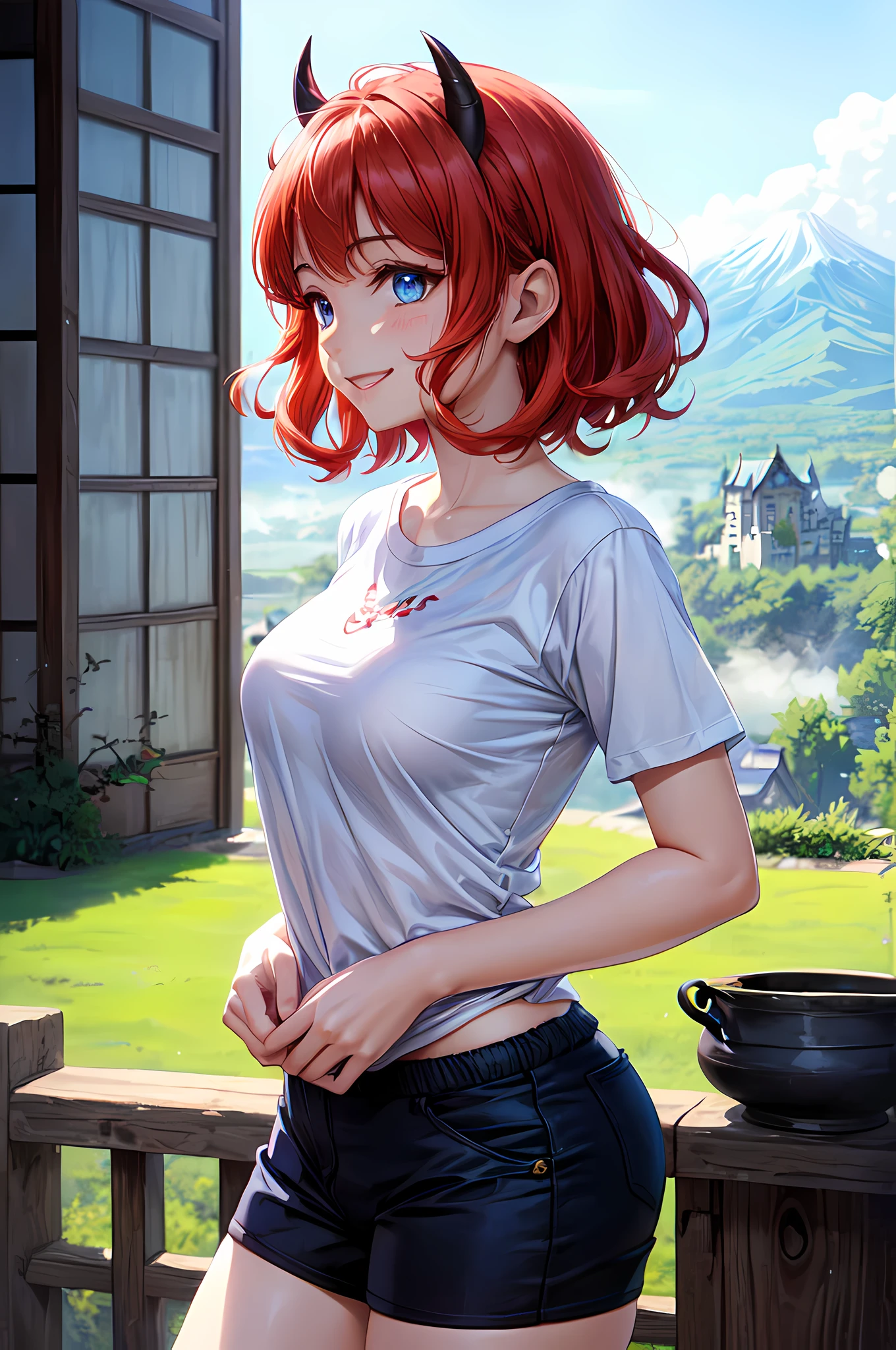 (cel anime:1.3)、(super fine illustration:1.3)、(masterpiece:1.3)、(best quality:1.3)、ultra detailed、High resolution、(depth of fields)、(Detailed eye)、(detailed facial features)、(Detailed fingers)、(detailed clothes features)、HDR、8K、skin tightening、(shinny skin)、landscapes、lovely、(Cowboy Shot:1.3)、(dynamic composition)、(spread arms, hands outside frame)、(sagging breasts)、1 woman、Japanese、23 years old、(Blue eyes)、(light red hair)、(semi short hair:1.3)、(oni little horns)、hair blowing in wind、Looking away、(Happy smile)、(t-shirt:1.4)、(panties)、Shine with colored light、(Fairy-tale japanese castle perched on a misty hilltop)、