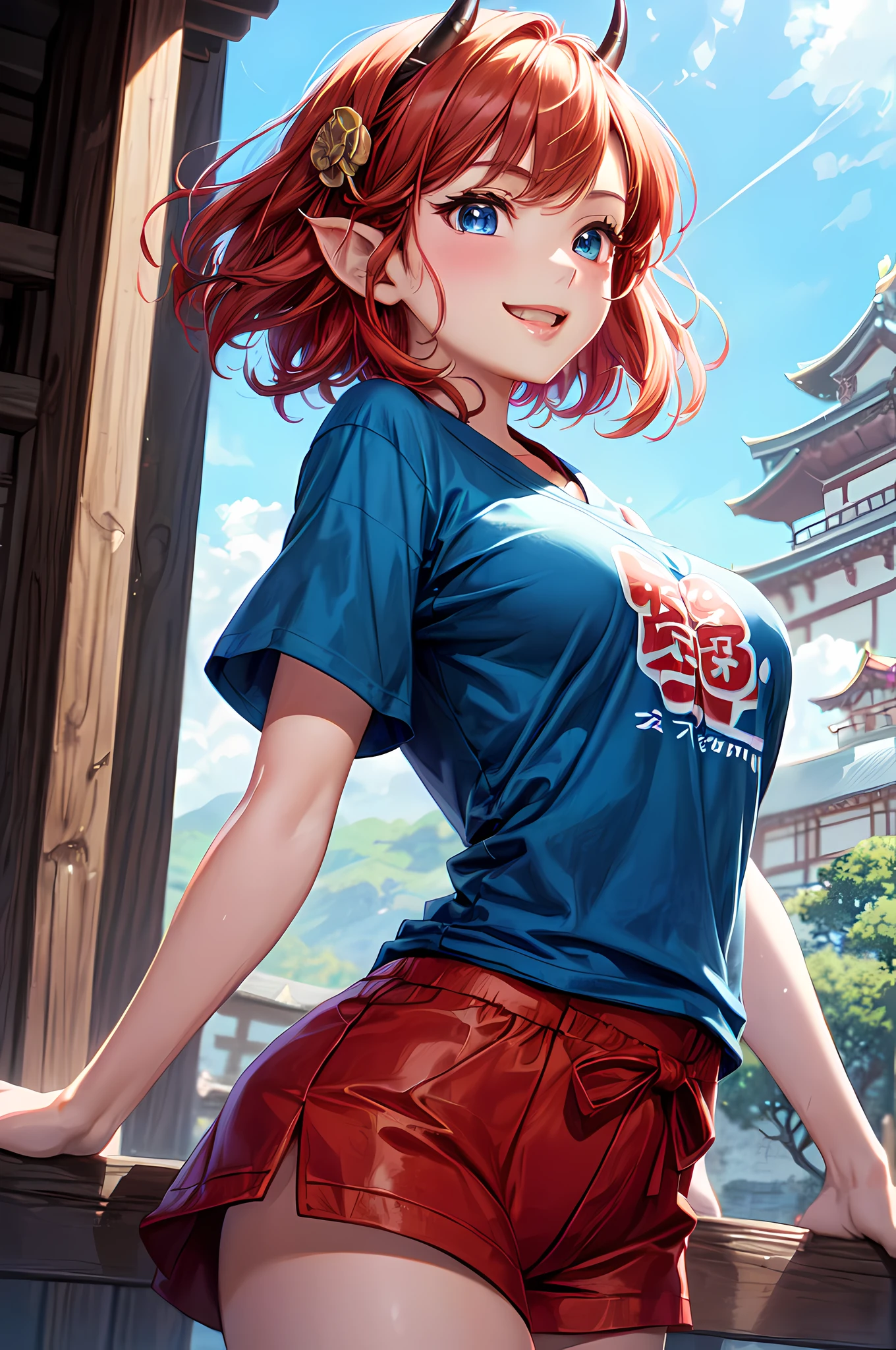 (cel anime:1.3)、(super fine illustration:1.3)、(masterpiece:1.3)、(best quality:1.3)、ultra detailed、High resolution、(depth of fields)、(Detailed eye)、(detailed facial features)、(Detailed fingers)、(detailed clothes features)、HDR、8K、skin tightening、(shinny skin)、landscapes、lovely、(Cowboy Shot:1.3)、(dynamic composition)、(spread arms, hands outside frame)、(sagging breasts)、1 woman、Japanese、23 years old、(Blue eyes)、(light red hair)、(semi short hair:1.3)、(oni little horns)、hair blowing in wind、Looking away、(Happy smile)、(t-shirt:1.4)、(panties)、Shine with colored light、(Fairy-tale japanese castle perched on a misty hilltop)、