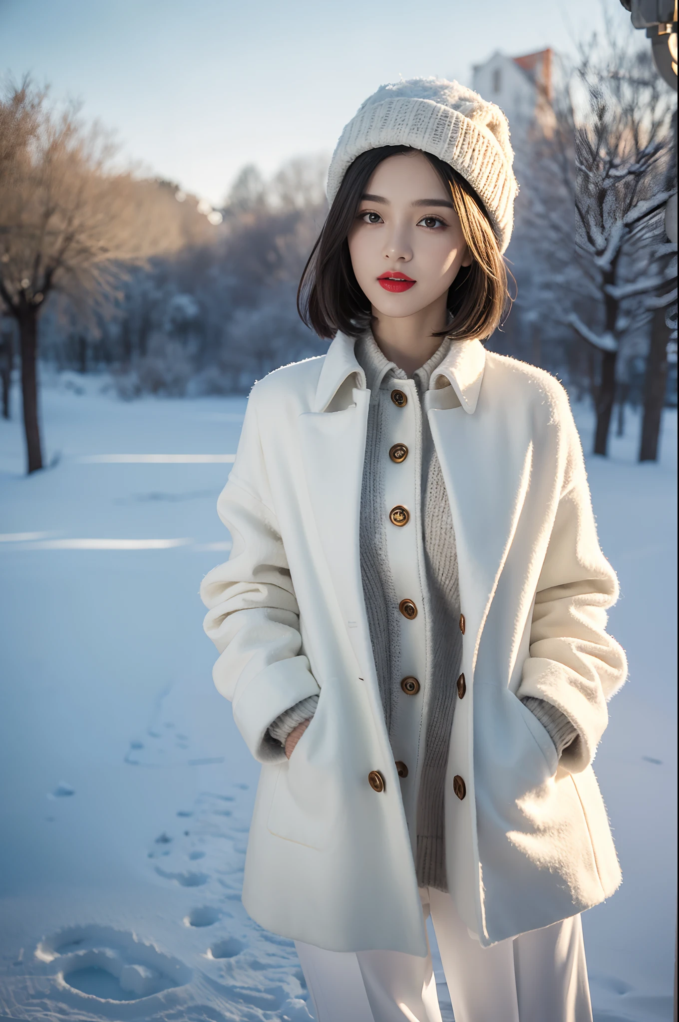 best quality, 4k, 8k, Detailed faces, clear face, a pretty girl,Exquisite Makeup, Red lips,laugh, perfect body,shoulder-length straight black bob hair,Green baseball cap,small breasts,thigh,slim,thin, The girl wears a brown woolen coat, Underneath the jacket was white collared shirt and white pants, Snowscape, winter, garden,Haze weather,Rime,cloudy,a big snowman behind the girl