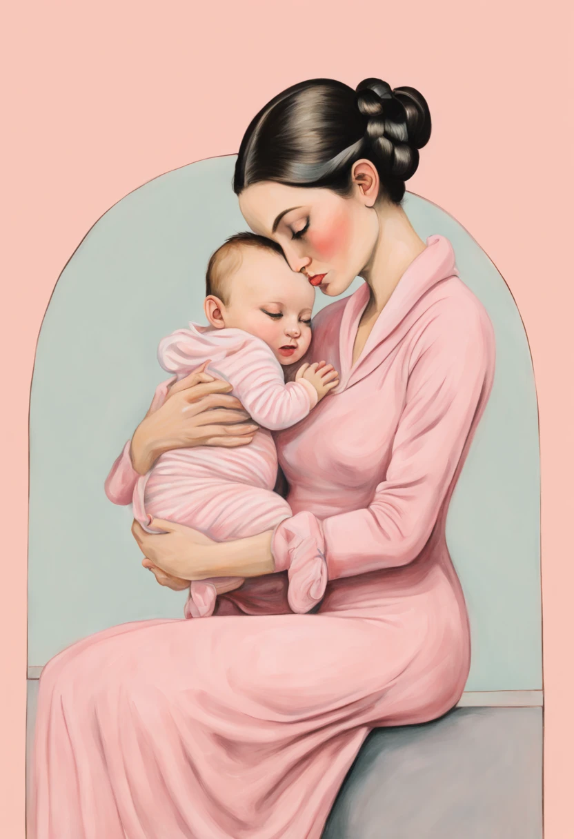 A loving mother cradling her precious baby, both adorned in soft, pastel pink wool socks, as they share a tender moment together, Surrealism,