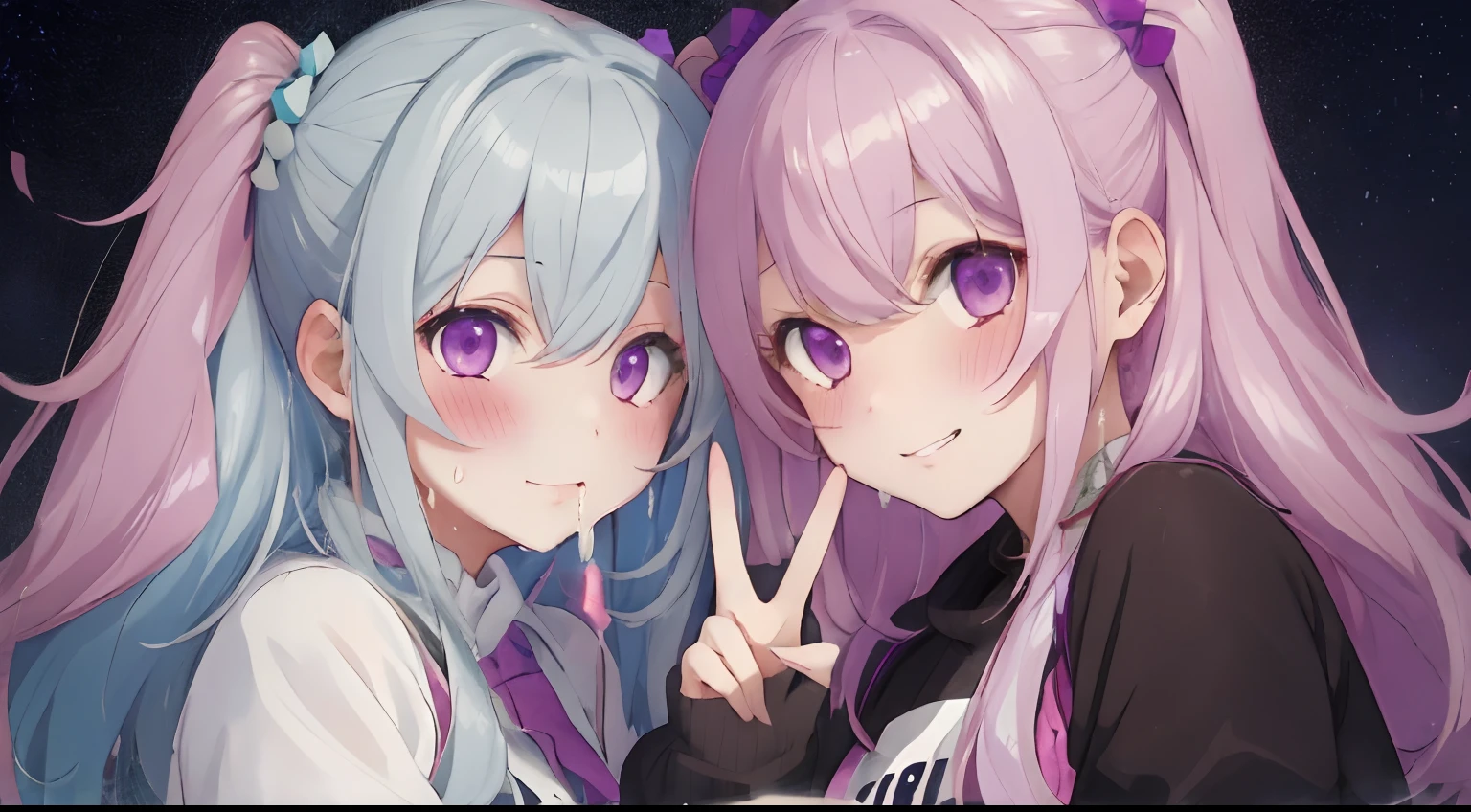 Two girls standing side by side,Two Peace Signs,Matching clothes are designed,Clothes look in pairs,fluffy hair,white, Pink, Blonde, Silver, Light blue, Yellow-green, And purple hair,Sheer Puff Puff Long Sleeve,brown, White and yellow-green clothes,Loose socks,SEX,AHE Face,Mouth ajar,It has a lustful look,shyly smile,red tide,He blushed a little,The body is bouncing and convulsing,ecstacy,cum on,