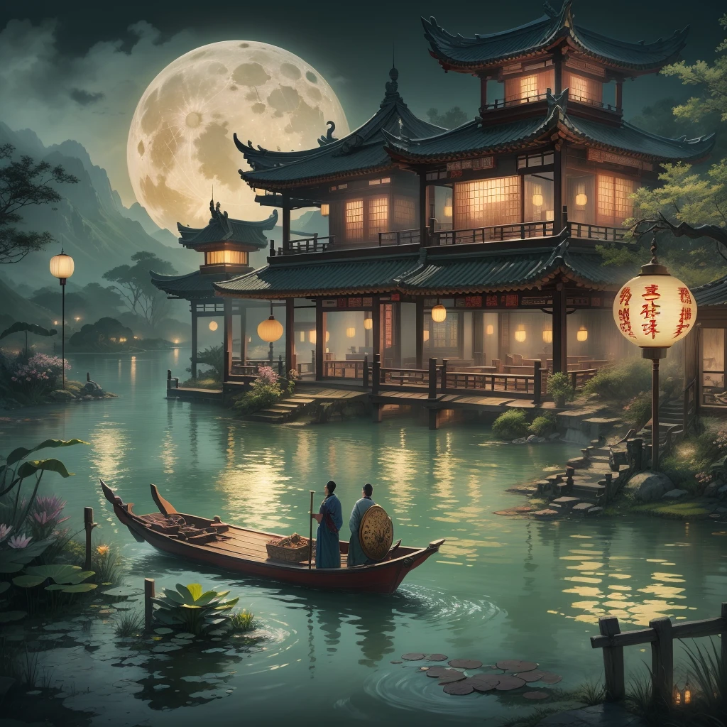 tmasterpiece,Best quality,Chinese martial arts style,Asian night view with lanterns and water lilies,Asian lagoon with lanterns and boats at night,There are many lights and boats on the water,Lake surface,lotus flower,beautiful night scene,((Chinese martial arts style))),Wide sky,Continuous mountains and steep cliffs,ink wash style,Contour light,Atmospheric atmosphere, depth of fields,Rising fog,bamboos,pines,octagonal stone pavilions,waterfall flowing water,large full moon