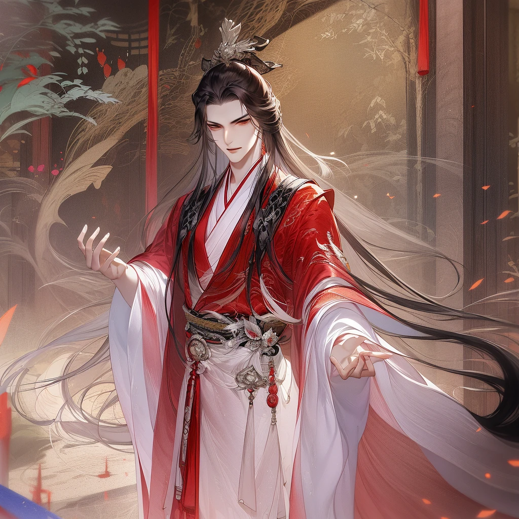 best qualtiy，tmasterpiece，highly detailed wallpaper，1 handsome man、pretty eyes，Character standing drawing，malefocus，brunette color hair，long whitr hair，Kingly temperament，The Royal Palace of Asian Architecture，详细的脸，gorgeous hair accessory，Red clothes，looking at viewert，Hanfu，超高分辨率，Red pillars，sketching，ink wash style，