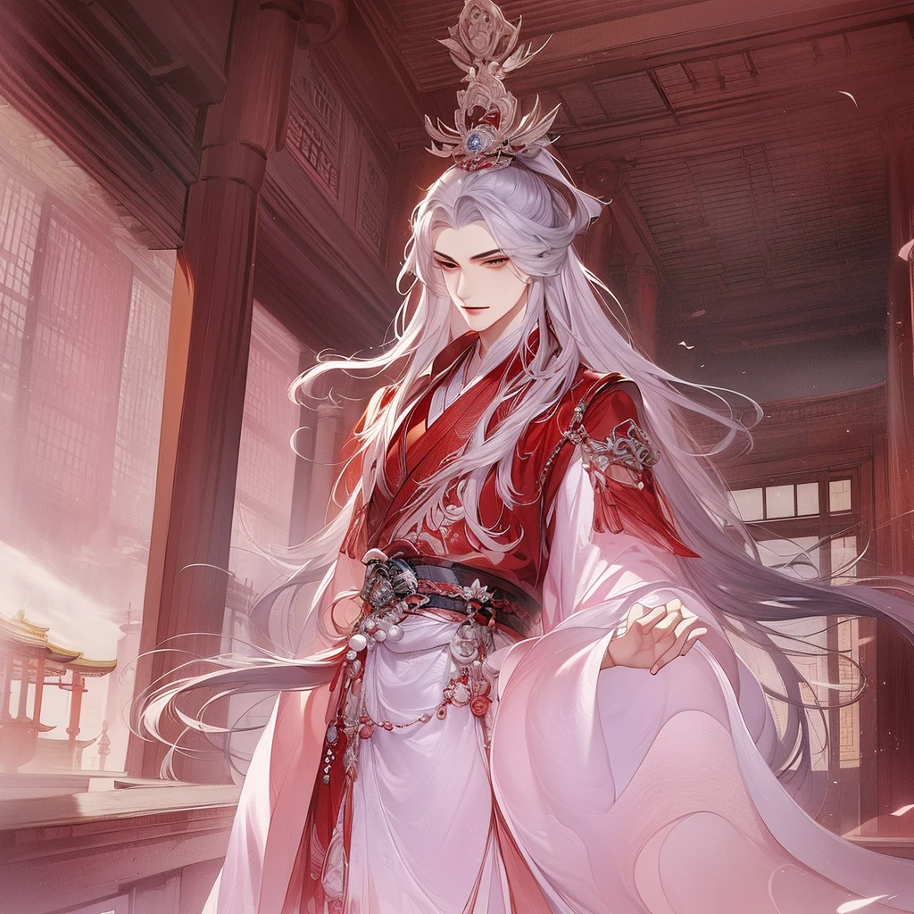 best qualtiy，tmasterpiece，highly detailed wallpaper，1 handsome man、pretty eyes，Character standing drawing，malefocus，brunette color hair，long whitr hair，Kingly temperament，The Royal Palace of Asian Architecture，详细的脸，gorgeous hair accessory，Red clothes，looking at viewert，Hanfu，超高分辨率，Red pillars，sketching，ink wash style，