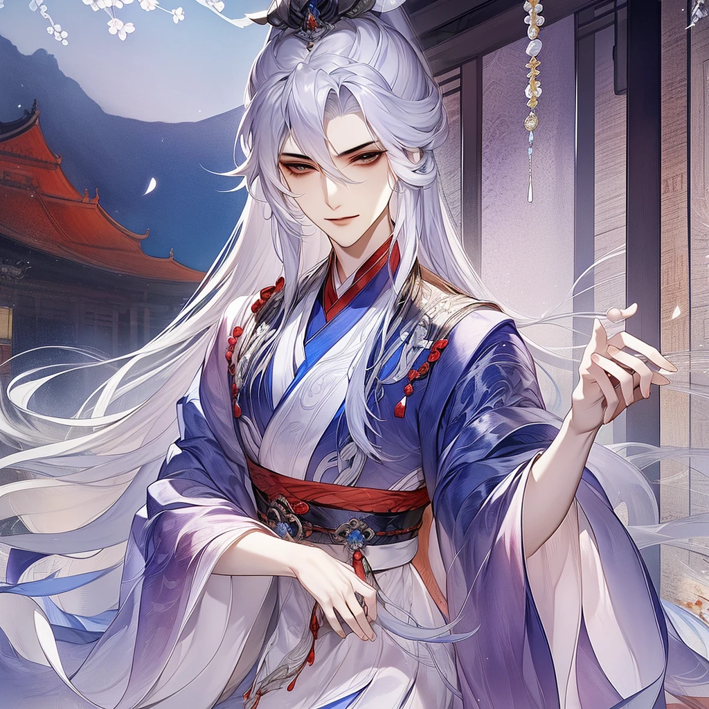 best qualtiy，tmasterpiece，highly detailed wallpaper，1 handsome man、pretty eyes，Character standing drawing，malefocus，brunette color hair，long whitr hair，Kingly temperament，The Royal Palace of Asian Architecture，详细的脸，gorgeous hair accessory，Blue clothes，brunette color hair，looking at viewert，Hanfu，超高分辨率，Red pillars，sketching，ink wash style，