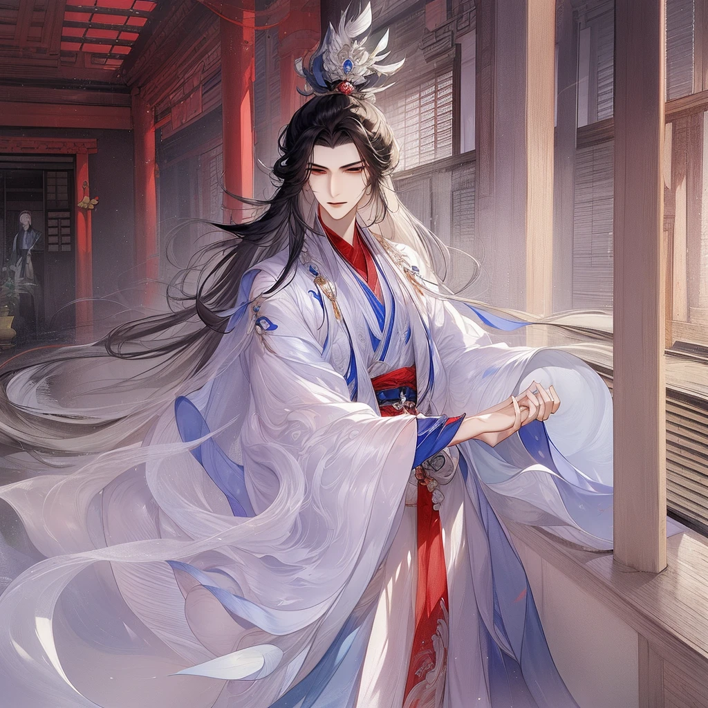 best qualtiy，tmasterpiece，highly detailed wallpaper，1 handsome man、pretty eyes，Character standing drawing，malefocus，brunette color hair，long whitr hair，Kingly temperament，The Royal Palace of Asian Architecture，详细的脸，gorgeous hair accessory，Blue clothes，brunette color hair，looking at viewert，Hanfu，超高分辨率，Red pillars，sketching，ink wash style，