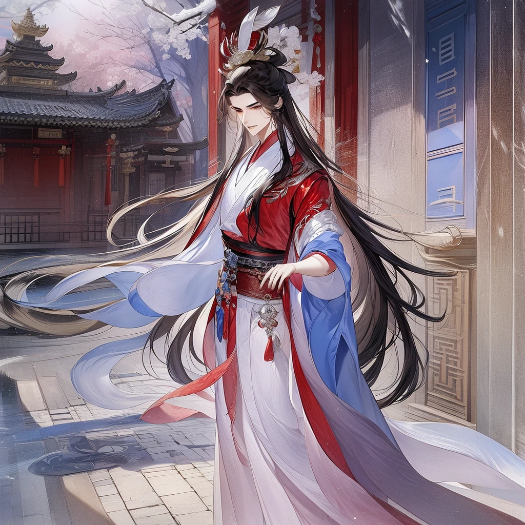 best qualtiy，tmasterpiece，highly detailed wallpaper，1 handsome man、pretty eyes，Character standing drawing，malefocus，brunette color hair，long whitr hair，Kingly temperament，The Royal Palace of Asian Architecture，详细的脸，gorgeous hair accessory，Blue clothes，brunette color hair，looking at viewert，Hanfu，超高分辨率，Red pillars，sketching，ink wash style，