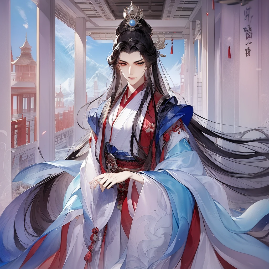 best qualtiy，tmasterpiece，highly detailed wallpaper，1 beauty、pretty eyes，Character standing drawing，female focus，brunette color hair，long whitr hair，Kingly temperament，The Royal Palace of Asian Architecture，详细的脸，gorgeous hair accessory，Blue clothes，brunette color hair，looking at viewert，Hanfu，超高分辨率，Red pillars，sketching，ink wash style，