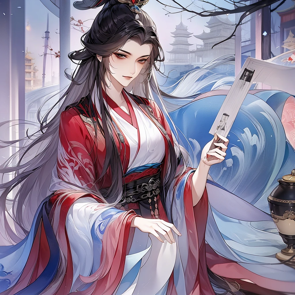 best qualtiy,tmasterpiece,highly detailed wallpaper,1 beauty、pretty eyes,Character standing drawing,female focus,brunette color hair,long whitr hair,Kingly temperament,The Royal Palace of Asian Architecture,详细的脸,gorgeous hair accessory,Blue clothes,brunette color hair,looking at viewert,Hanfu,超高分辨率,Red pillars,sketching,ink wash style,