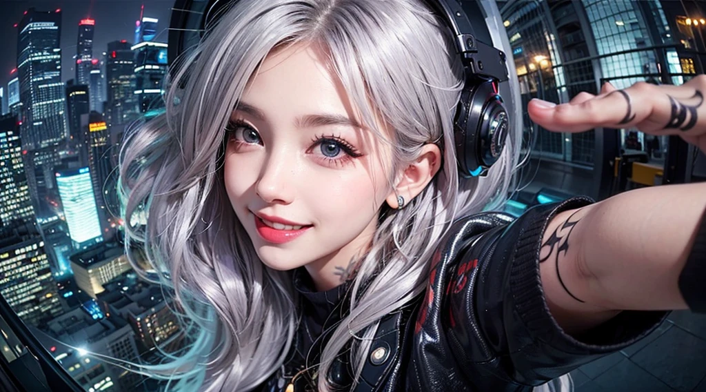 cyber punk Girl,soio、 Fisheye, Selfie, Very close image, Wind, Very short hair, hair messy, low illuminance, Cityscape, (Aesthetics and atmosphere:1.2)Smile full of happiness、((Looks happy:1.3),, nose piercing, eyebrow piercing, Tattoos,Silvery hair,