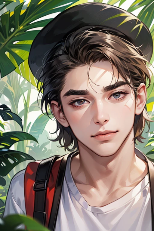 (masutepiece, Digital Art, Digital Illustration, 4K, 8K, Ultra-detailed, beautiful image, Sharp Image, Photorealistic, Raw photo, Perfect face, Perfect lines, Perfect eyes, Soft lighting) 1 male human, (A dark-haired,hair between eye,hair messy,Medium Hair,deadpan,Lowered eyebrows,Parallel eyebrows,Narrow-eyed,drooing eyes,Calm face,Beauty,kindly smile,ember,28 years old:1.3),Handsome men, (ember,Man in a simple white t-shirt,Loose-fitting round neck shirt,Thin macho,Firm shoulder width,Adult male:1.2),Loose-fitting skinny denim,Oversized hoodies,Sleepy face,Frantically opening your eyes,Troubled face,thick jaw,Goofy face,espadrilles,Boy Scout,Hats,backpack,jungles,Surveying Expedition Uniform,Red Parakeet,Lush tropical plants,serpent,anaconda