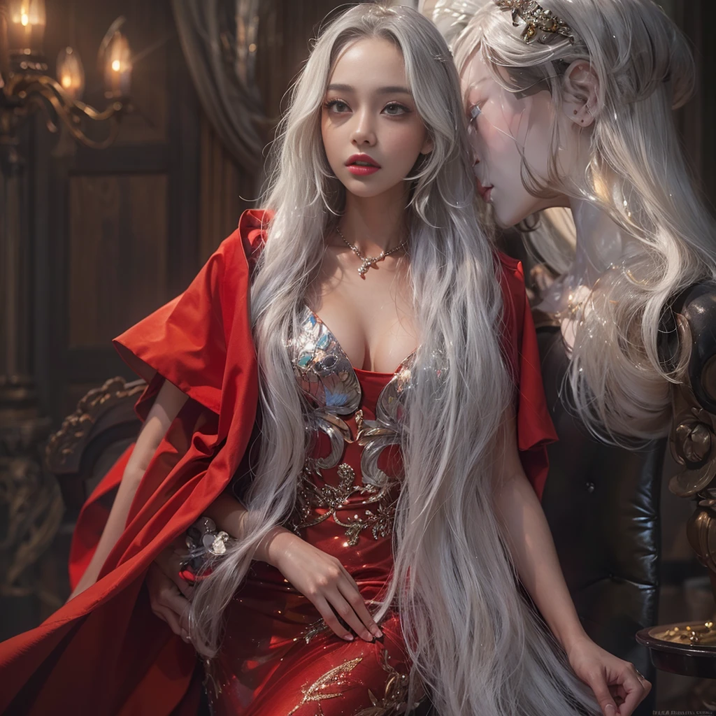 high detail photo,Photorealistic,Large files in ultra-high resolution,8K Premium Wallpapers,10x pixel,CG wallpapers with clear and realistic details,Portraits of top women,Ultra-fine,Ultra-fine details:1.1,Advanced technical details:1.1,dynamicposes,Vampire Woman,Beautiful Sexy Woman,28-year-old woman,Royal Sister Style,Mixed-race women,long white and silver hair,She has long white and silver hair,Clear and realistic hair,Transparent hair,Delicate eyelash makeup,Very attentive eyes and face,Beautiful fine eyes,tthin eyebrows,ultradetailed eyes,Beautiful sexy big red lips,Lori face,Delicate facial makeup,The work of a polite face,, Pretty Face, A perfectly proportioned face,(Advanced facial details:1.1)Perfect body shape,Perfect body ratio,Bumpy figure,mannequin,Collection of luxury dresses in glossy liquid red,Bright red sequin dress,Bright red sequin coat,shiny,Tight long skirt,Fishtail Sleeveless Commuter Summer Sexy Hips Wrapped in Maxi,Horse socks 100%Oil Pastel Tray Gloss Silk Gloss 8D Black Silk Women,stiletto heels,mitts,Beautiful long dresses,wonderful dress,Bright Red Series,Collection of haute couture dresses,Dress Photography,Real dress pieces,slim,sexy for,Jewelry,choker necklace,耳Nipple Ring,手链,Indoor background,In the banquet hall,Women's Artwork,full-body view,Goddess of Dress,真实感,amazing (aegyo sal:1)(Korean idol face)Mature woman photo work,Bright Red Series,Bright red satin dress,Real Photographics,True and clear,Stylish artwork,Goddess of Dress,Women's Artwork,full-body view,Fantasyart,Great work at the finest,High-level detail work