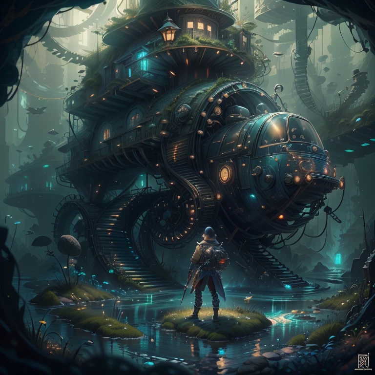 tmasterpiece，bset quality，realisticlying，offcial art，Extremely detailed，tmasterpiece，Best quality at best，（非常详细的 CG 统一 8k 壁纸），（Best quality at best），（The best illustrations），（The best shadow），Very detailed pictures，（PureErosFace_V1：0.7），（8K，best qualtiy），The creek flows through a shady underground tunnel，Mechanical dog in the stream，cyber punk perssonage，sci-fy，Gothic，hyper realisitc，Mechanical fantasy，（luminouslighting， Atmospheric lighting）， chilly， gloomily， magical，